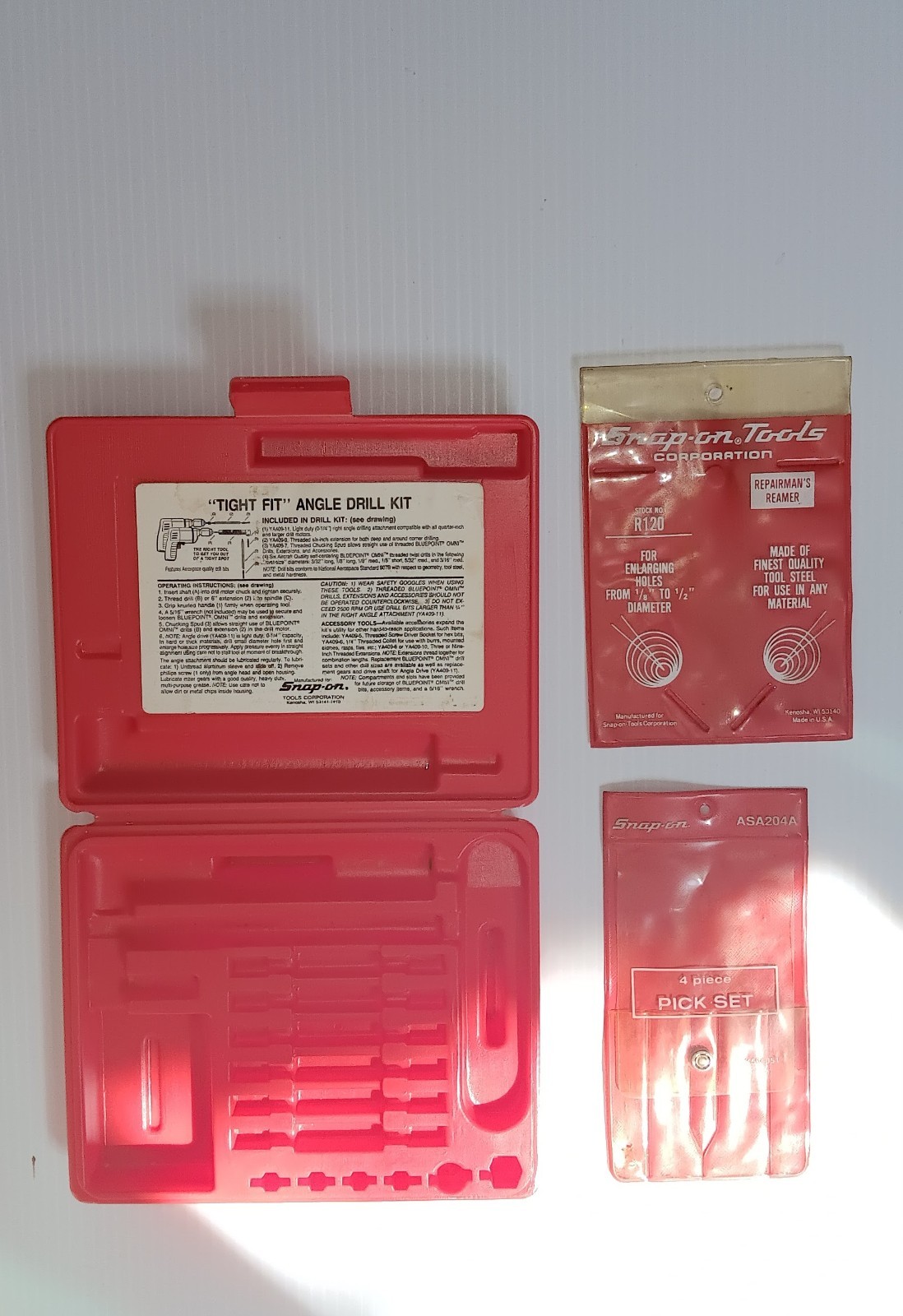 Snap-On Tool Cases, 3Styles, VGC: Reamer, Pick Set, Tight Fit Drill Angle Kit