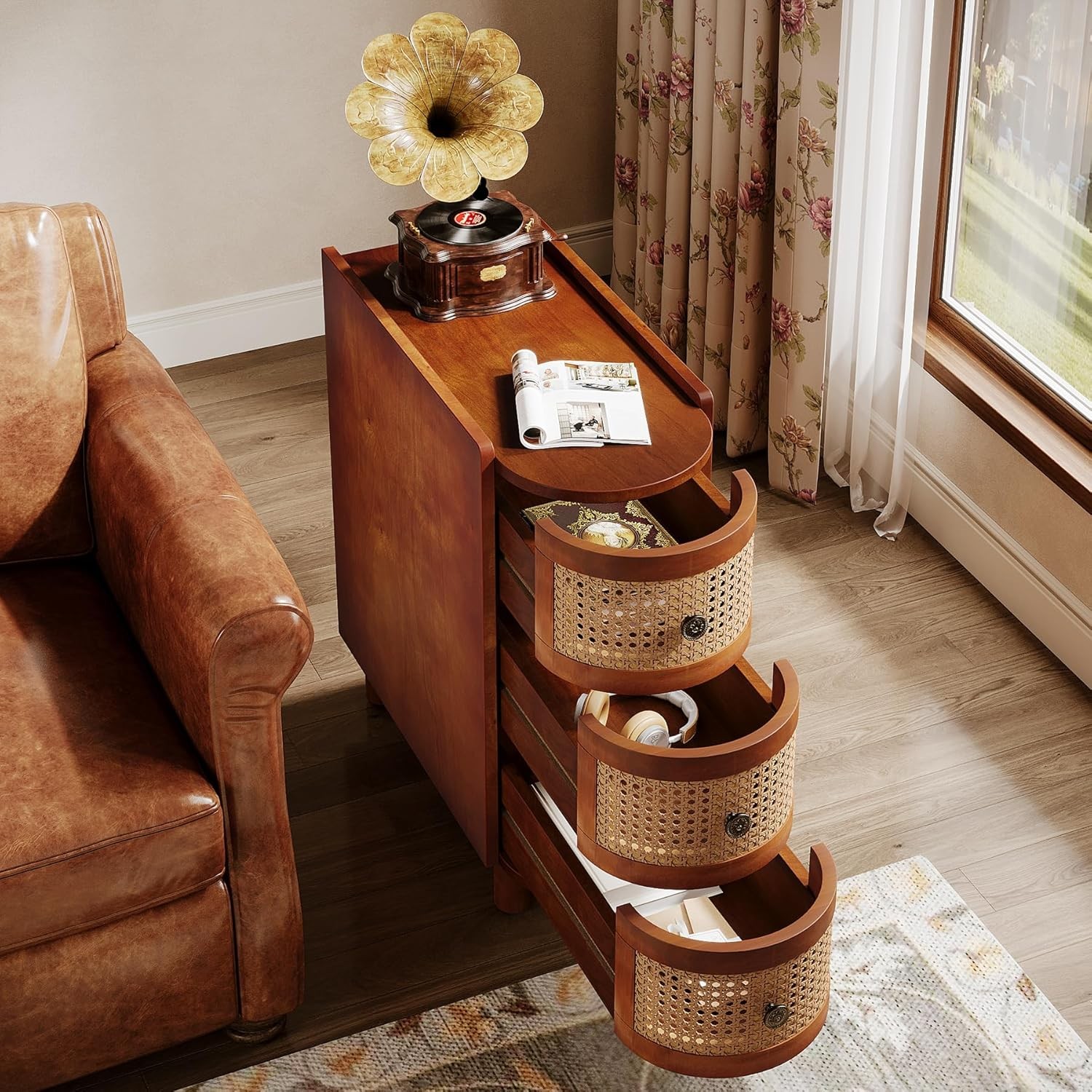 Solid Wood End Table with 3-Drawers, Fully Assembly Modern Rattan Side Table