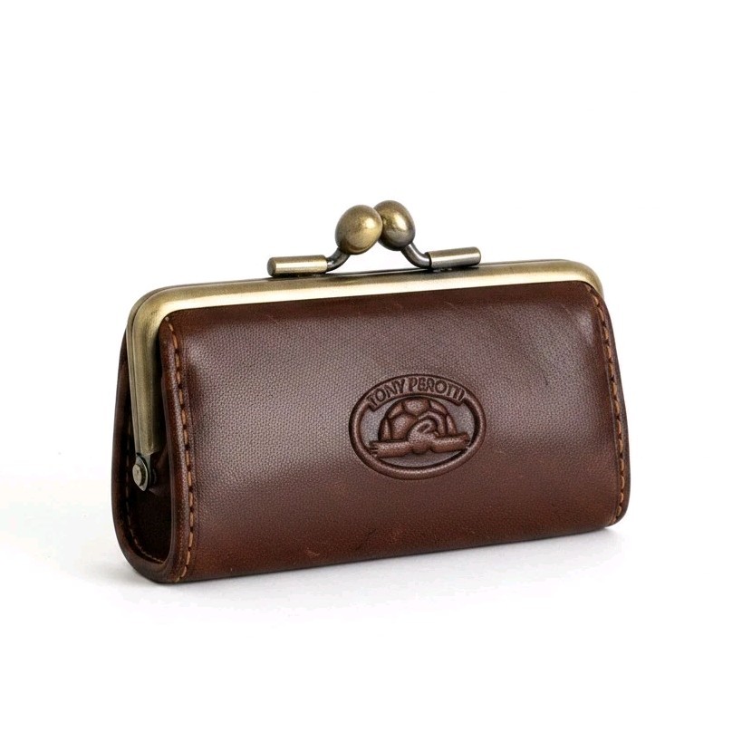 Vintage TONY PEROTTI Italian Leather Coin Purse - Brown Kiss Lock Pouch LI-352