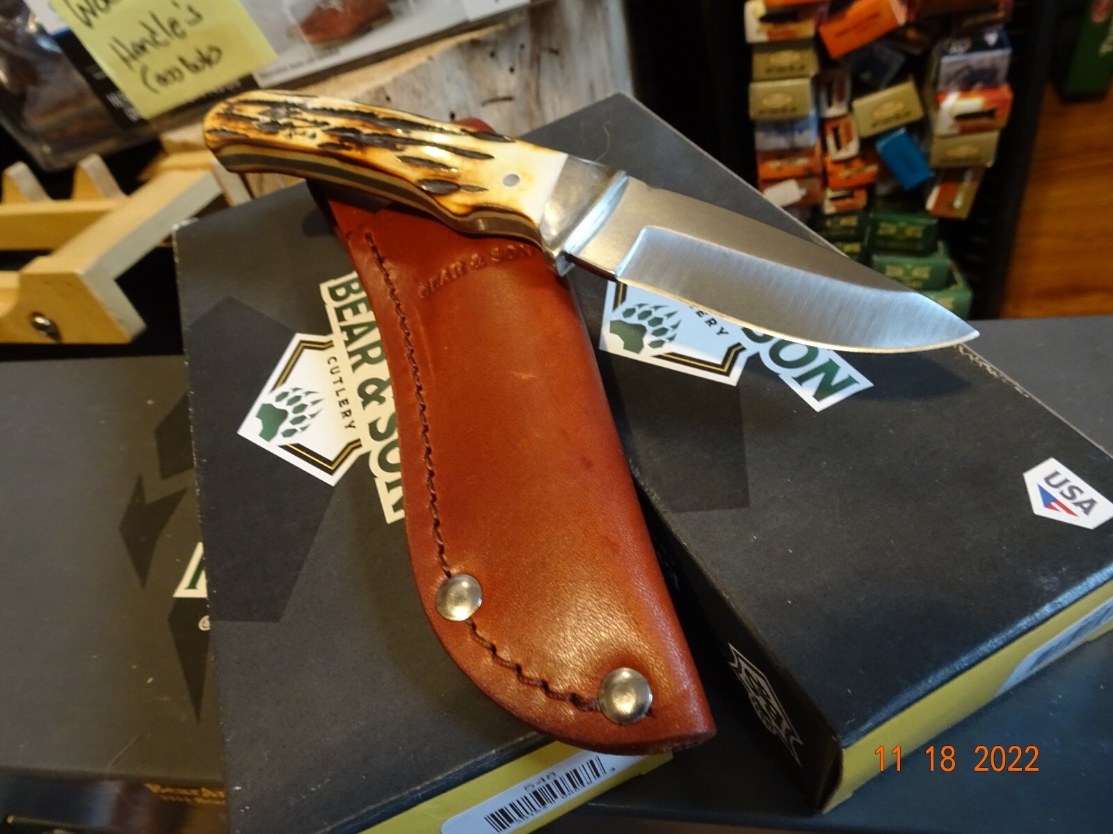 BEAR & SONS CUTLERY 7" DROP POINT HUNTER INDIA STAG BONE HANDLE LEA SH MADE USA
