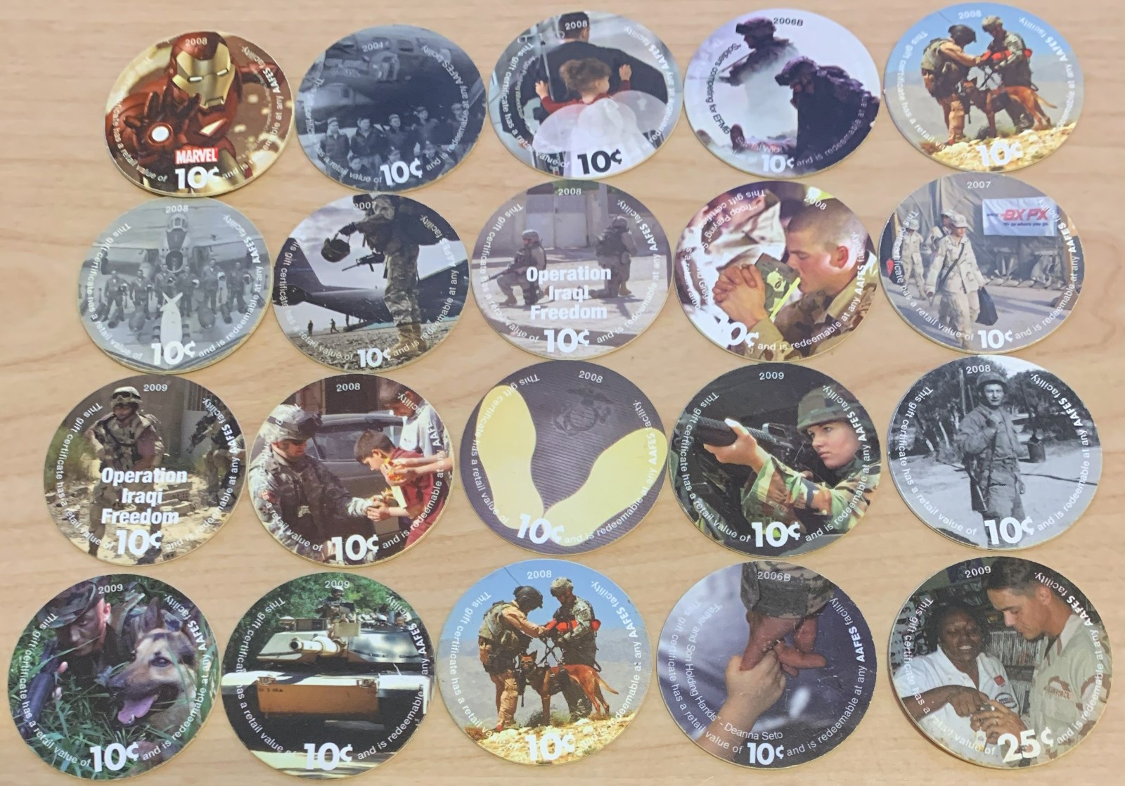 MILITARY LOT TRADE TOKEN CHITS 20 AAFES POGS DECENT USED ALL WITH SCRATCH MARKS