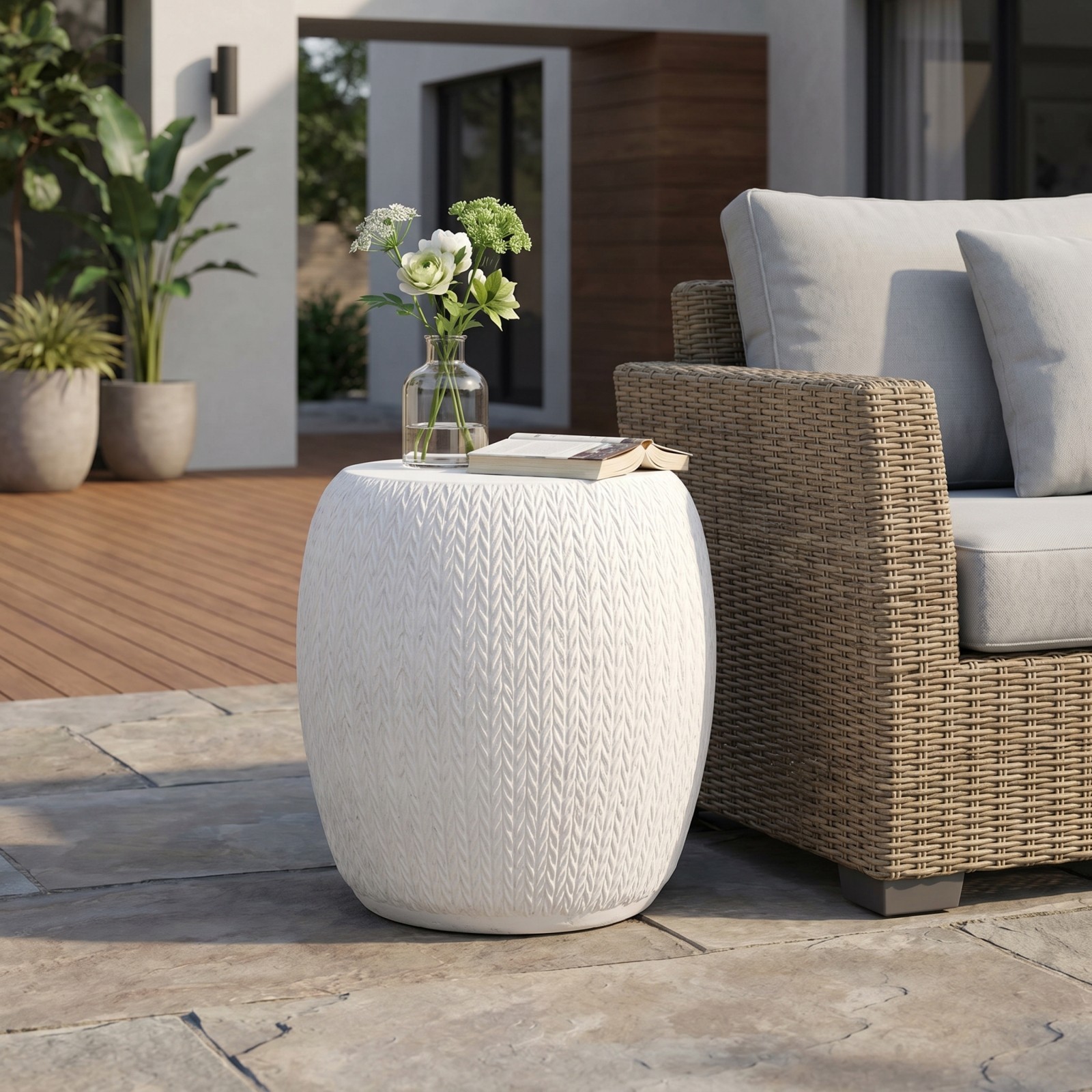 Outdoor Concrete Side Table Antique White 15.75" Square End Table