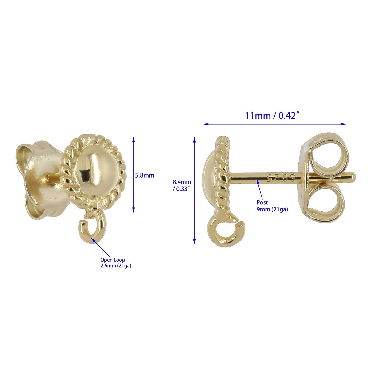 Gold Plated Sterling Silver Round Dome Stud Post Earring Connector #99151