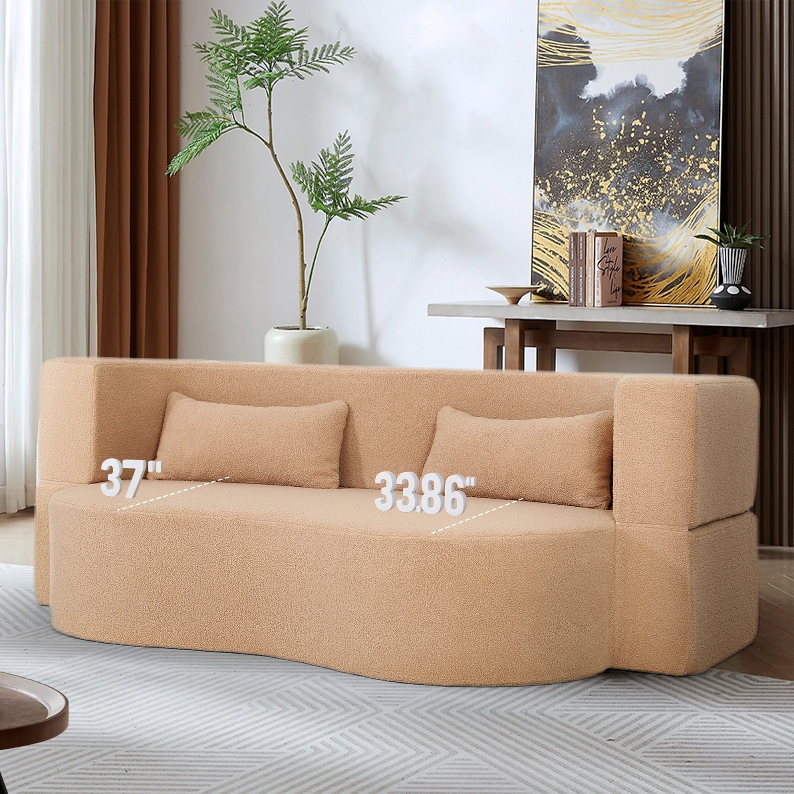 2 in 1 Convertible Sofa Bed Full Size Folding Couch Teddy Loveseat with 2 Pillow
