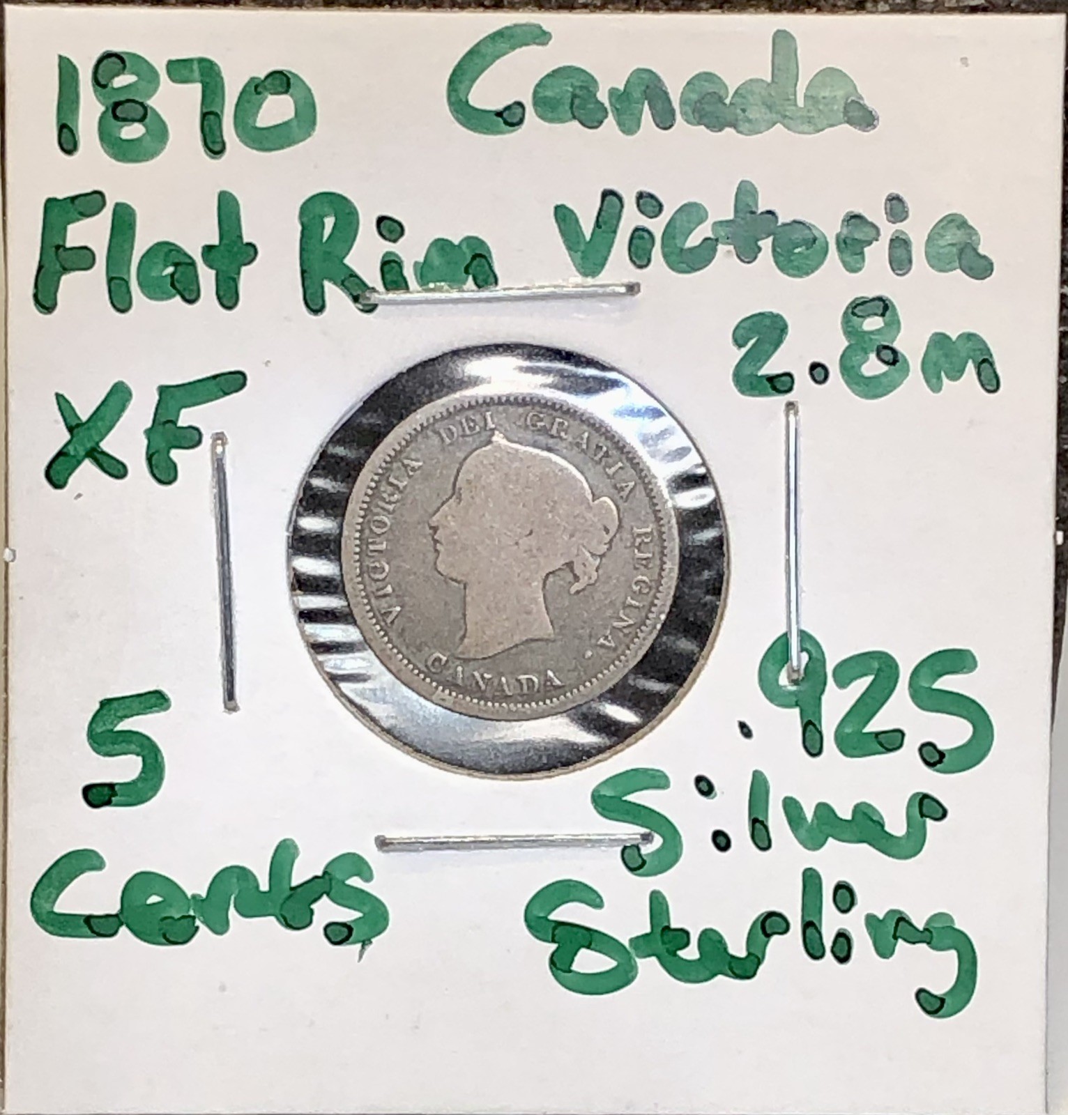 1870 Flat Rim Canada 5 Cents .925 Silver Sterling Queen Victoria Coin