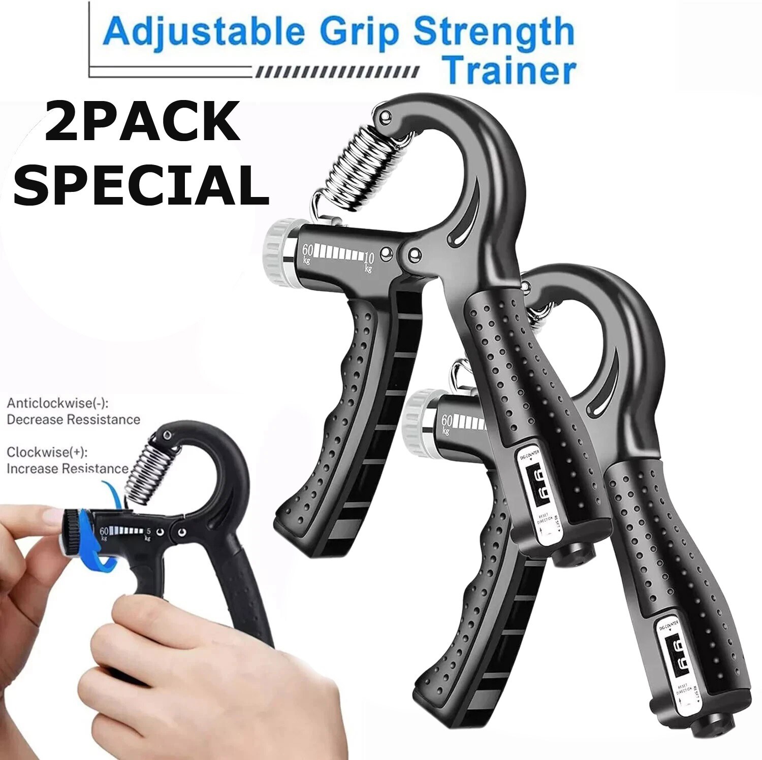 2 Hand Grip Strengthener Power Trainer Gripper Strength Adjustable Gym Exerciser