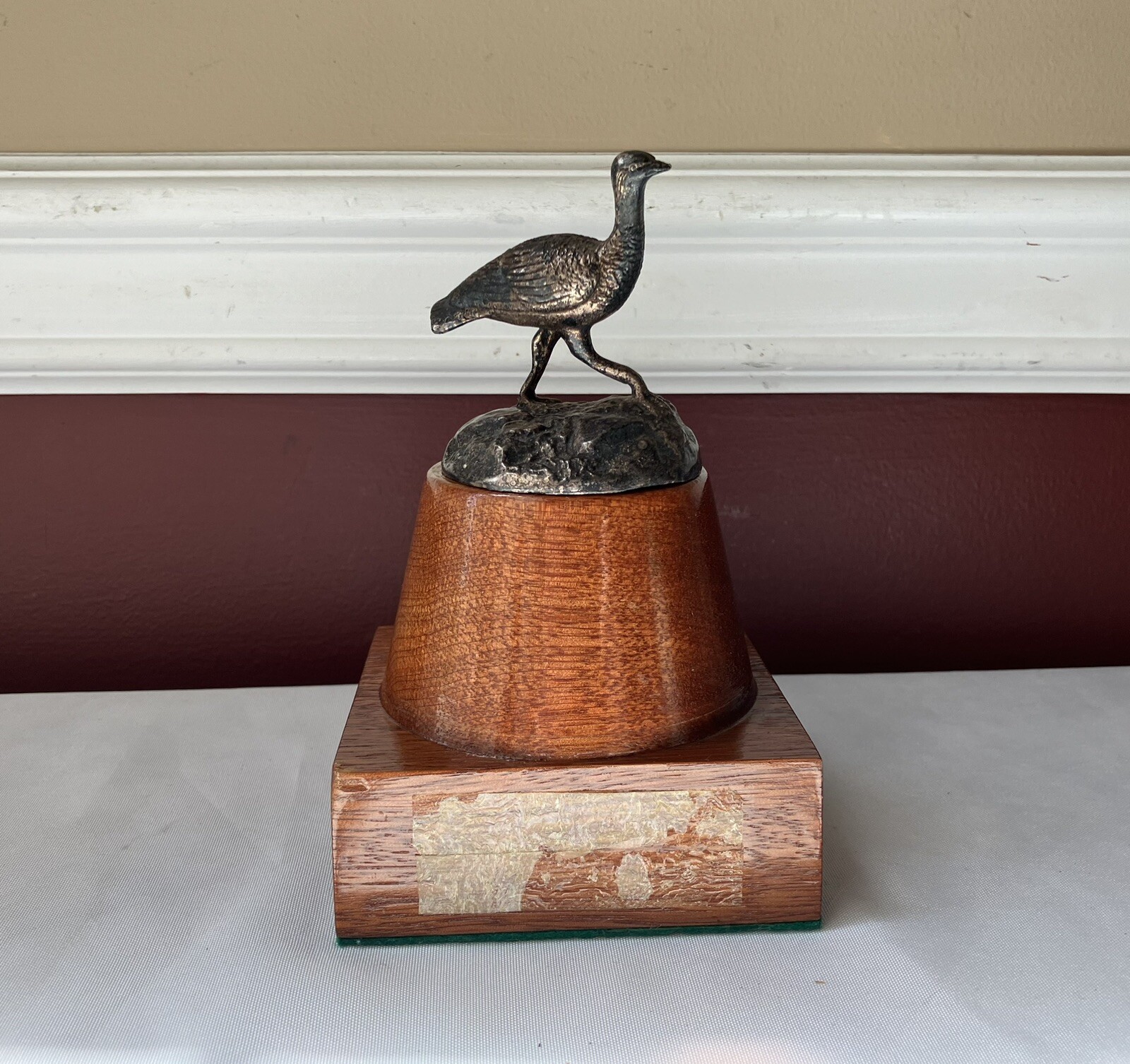 VTG Metal Emu On Wooden Stand Trophy To US General By Royal Artillery