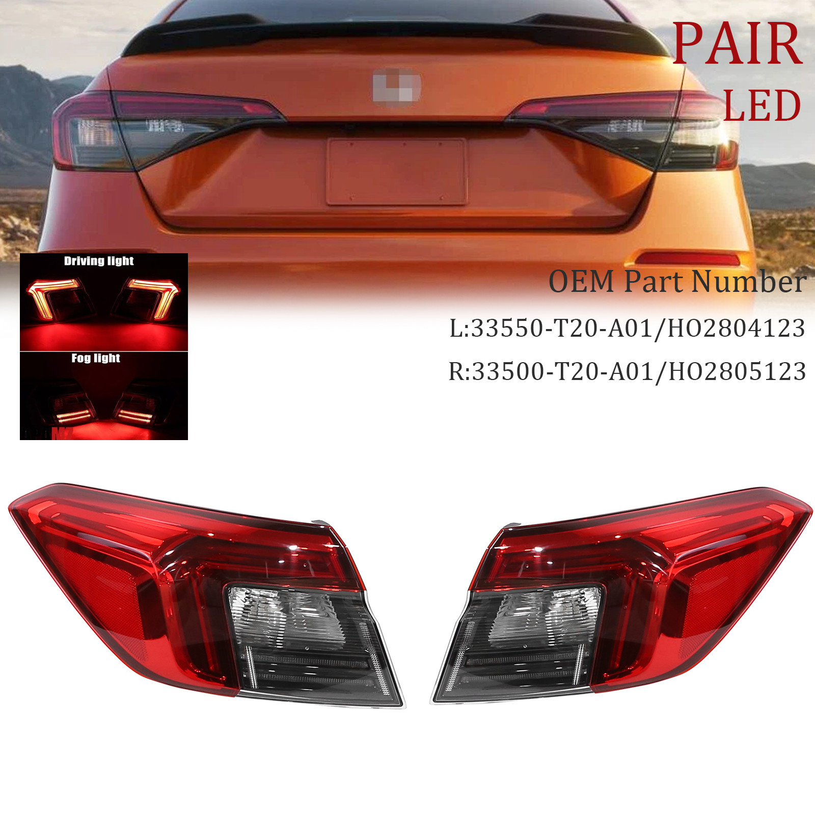 Pair Outer LED Tail Lights For 2022 2023 2024 for Honda Civic Sedan Left&Right