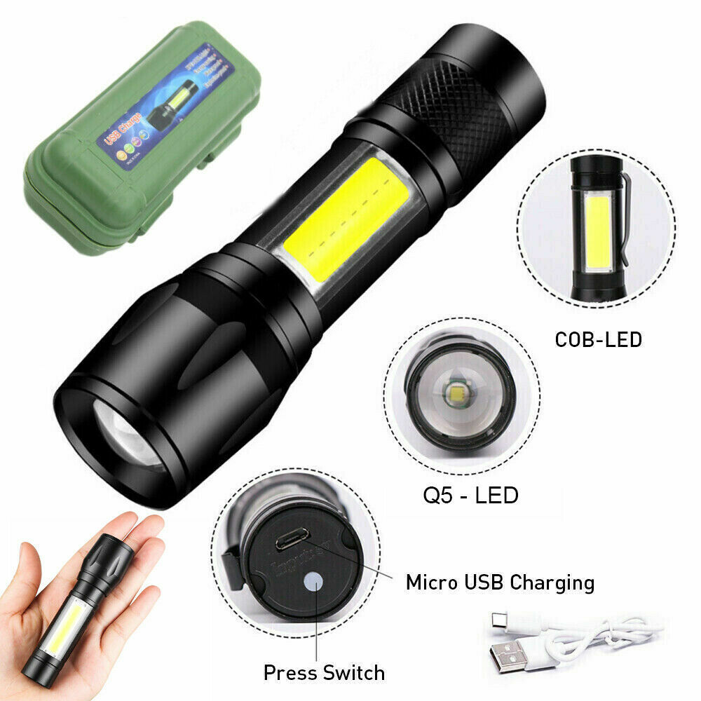 LED Flashlight Tactical Light Super Bright Torch USB Rechargeable COB