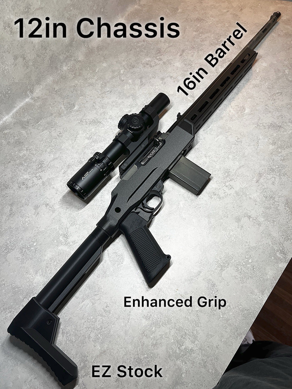 Ruger 10/22 & Charger Carbon Fiber Stock Buffer Tube Adapter Ultra Light Chassis