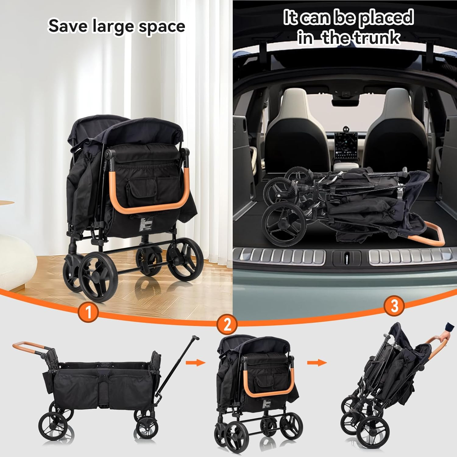 Stroller Wagon for 4 Kids Seated-Tandem Fold Stroller Push-Pull Lightweight Trav