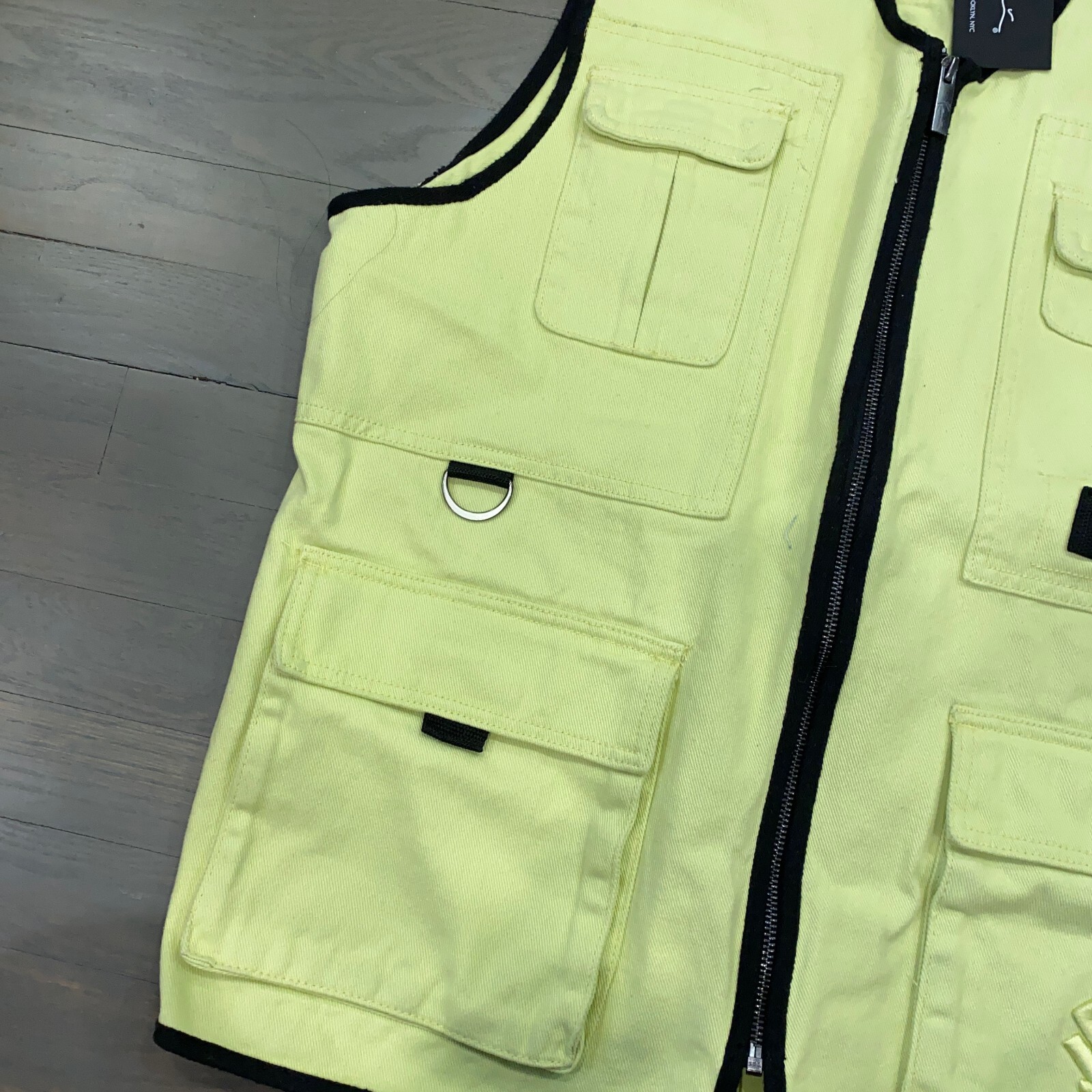Karl Kani Neon Yellow Denim Utility Vest Retro 90's Men's Size Large NWOT