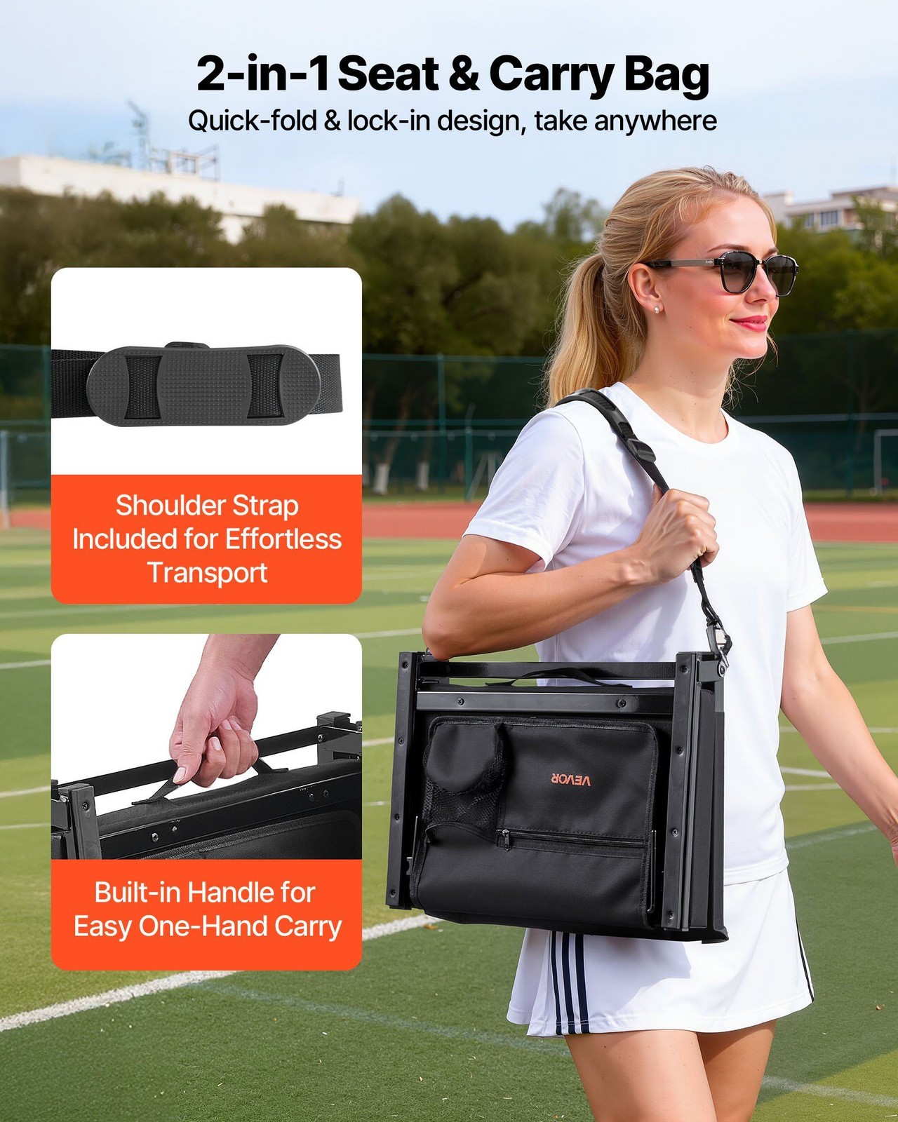 Comfortable Portable Bleacher Seat w/Backrest Hooks & Shoulder Strap