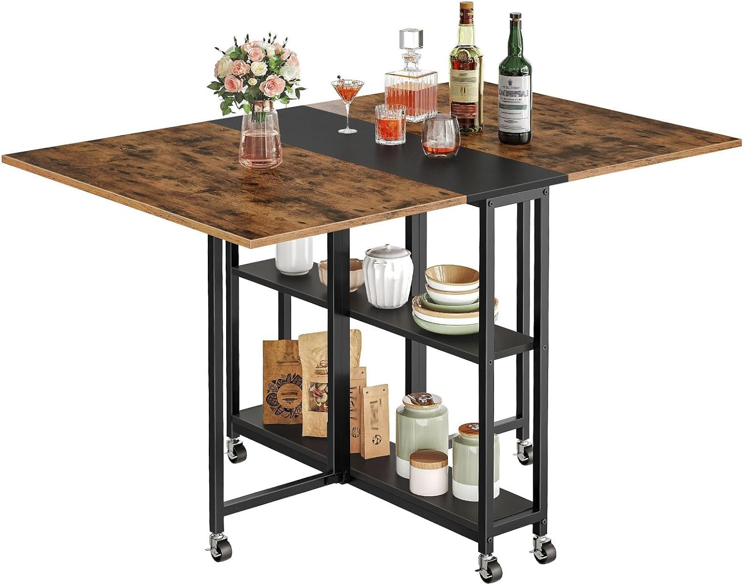 Folding Dining Table and round Side Table,Movable Dining Table, Expandable Kitch