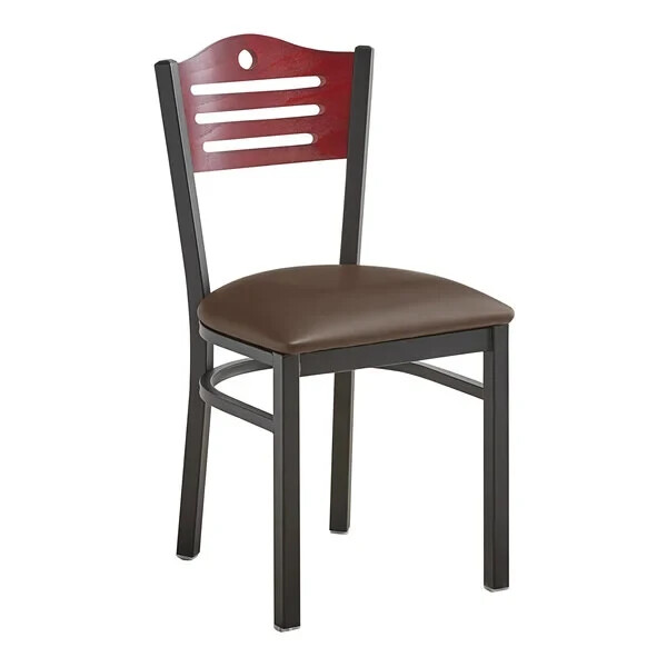 Slat Back Metal Restaurant Chair With Brown Vinyl Seat & Mahogany Wood Back