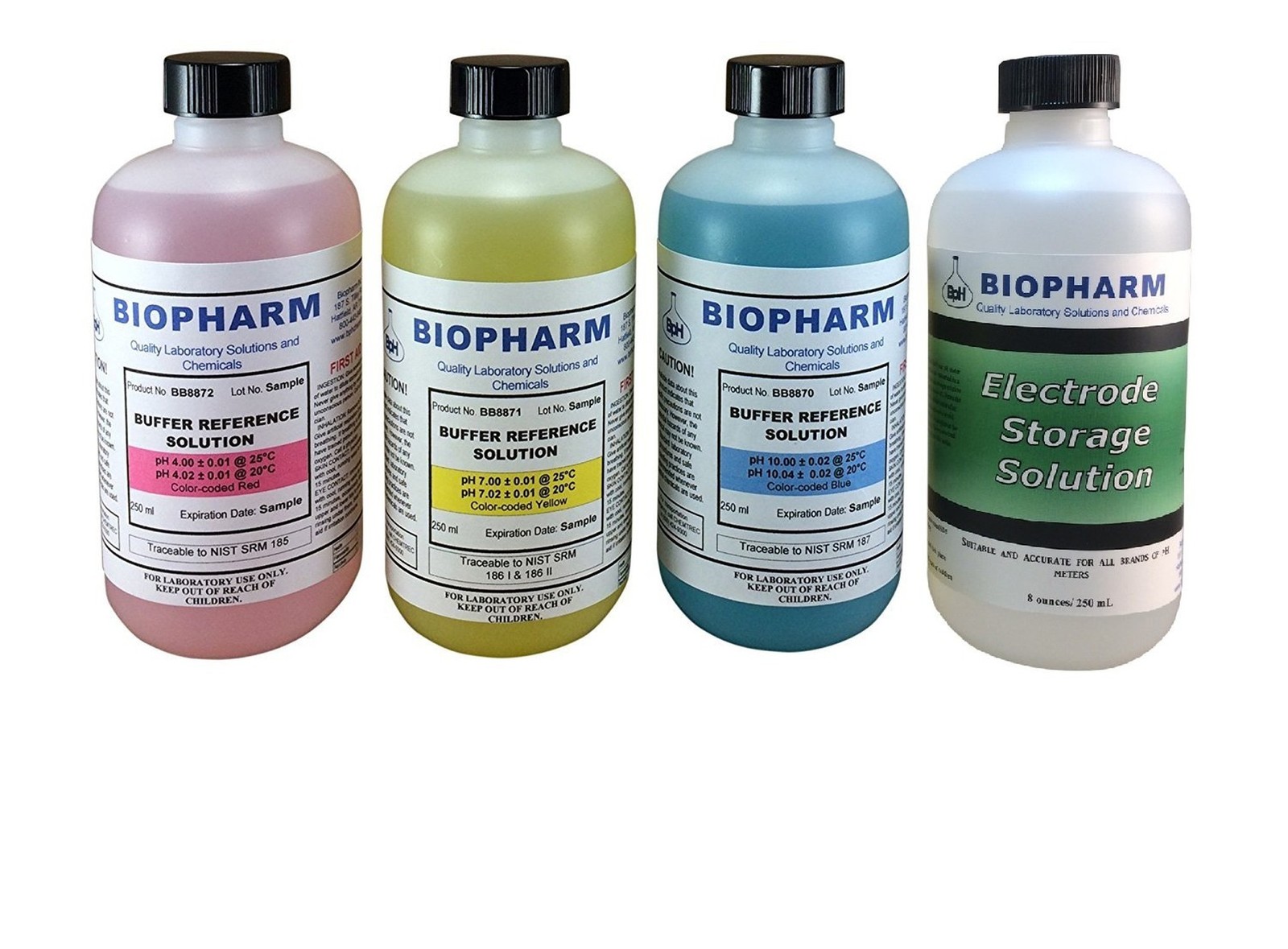 Biopharm pH 4.00, 7.00 & 10.00 Calibration Buffers & ESS, 250mL Ea (4-Pack) |...