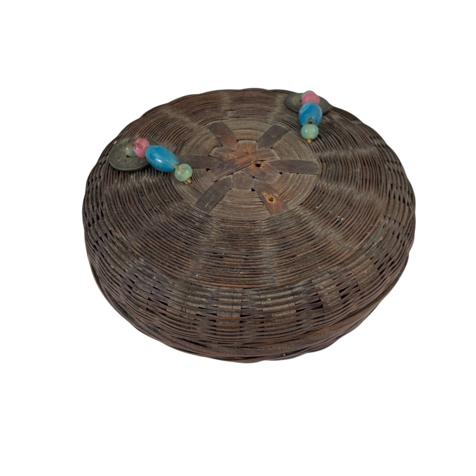 Vintage Woven Basket With Lid & Bead Accents
