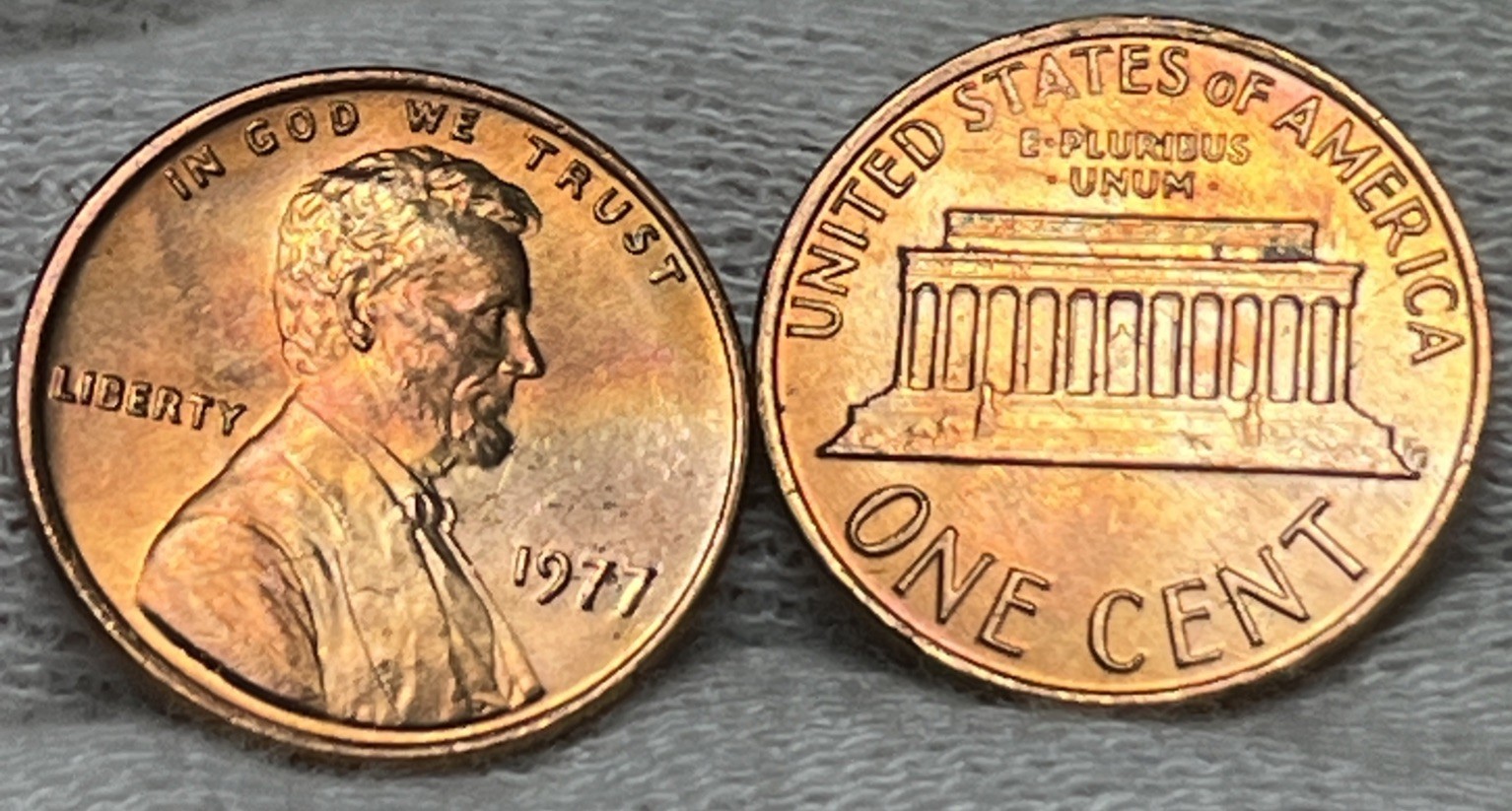 1977 Lincoln Penny Both Ends Oringal Roll Rainbow Toning Uncirculated