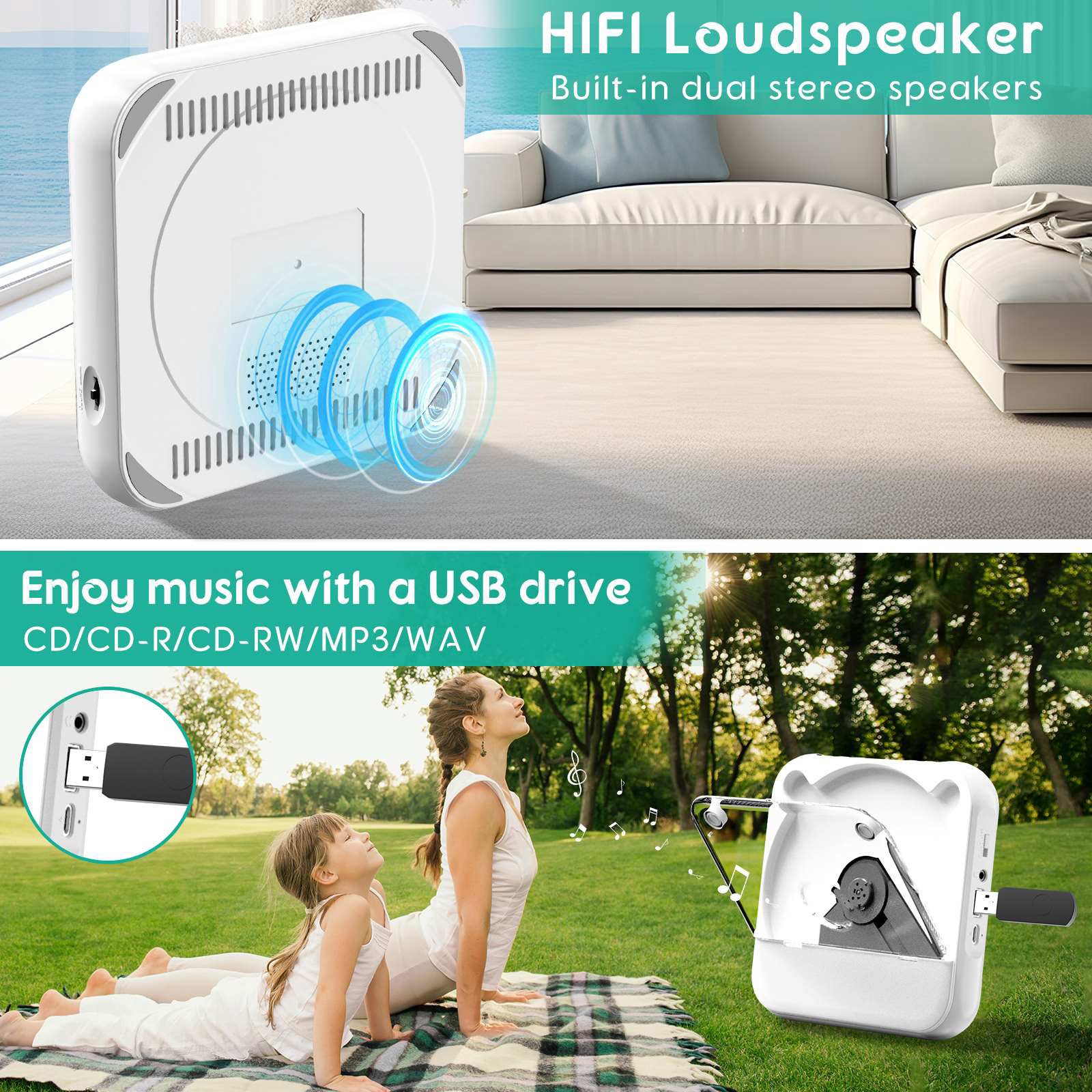 5V2A Bluetooth 5.3 Multi-function CD Player W/Wired Earphone CD/USB/3.5mm AUX