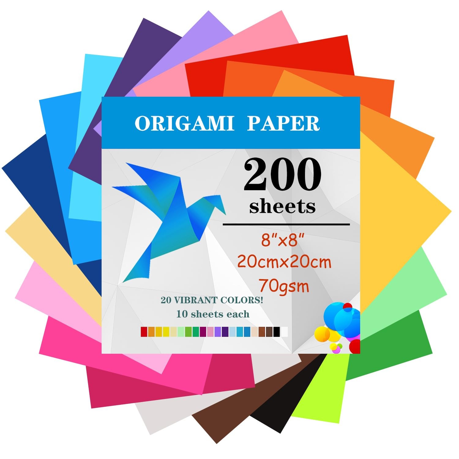 200 Sheets Origami Paper, 20x20 cm/8 20x20cm (8x8 inches), multiple colors