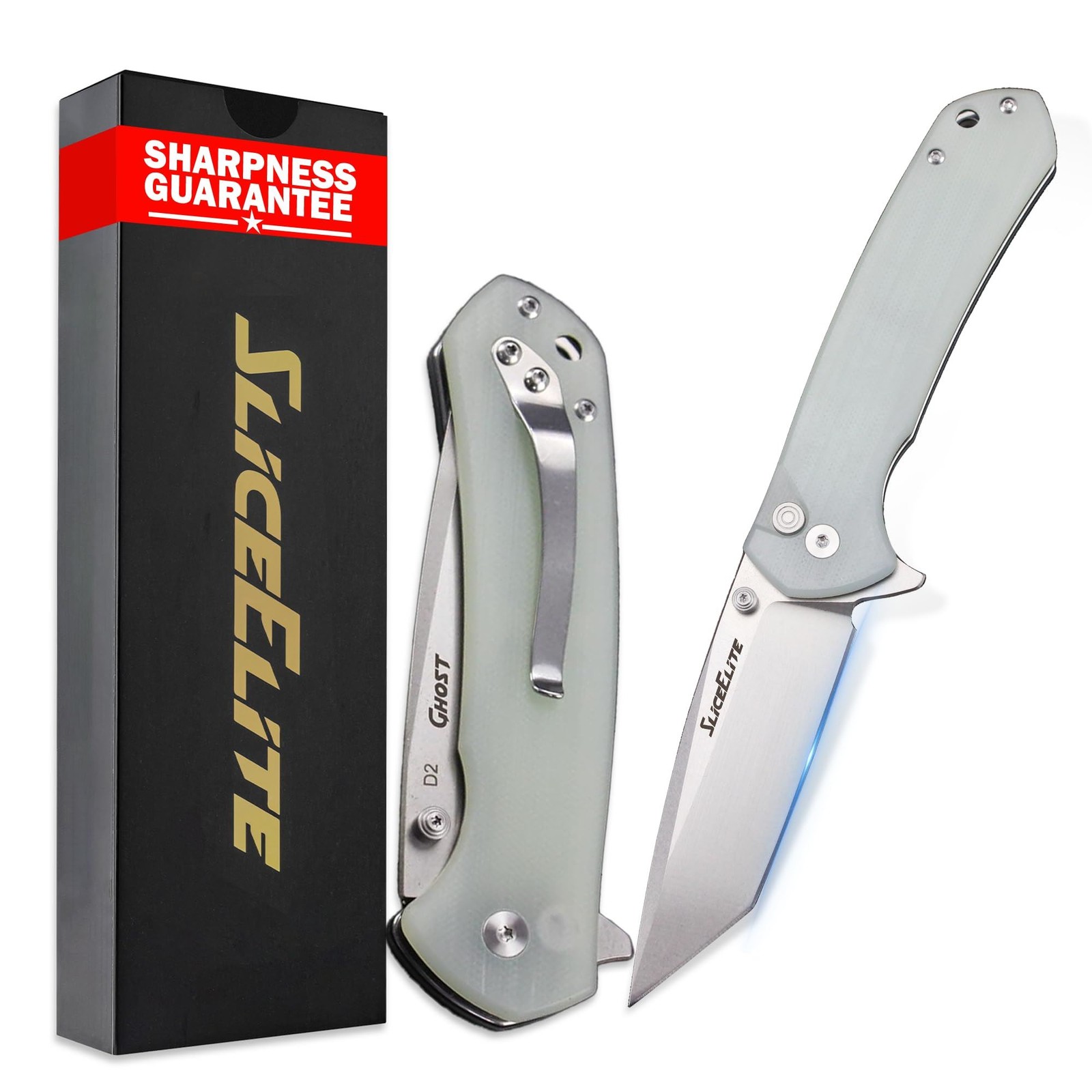 SliceElite Ghost EDC Knife 3.4" D2 Tanto Blade Green G10 Handle Button Lock