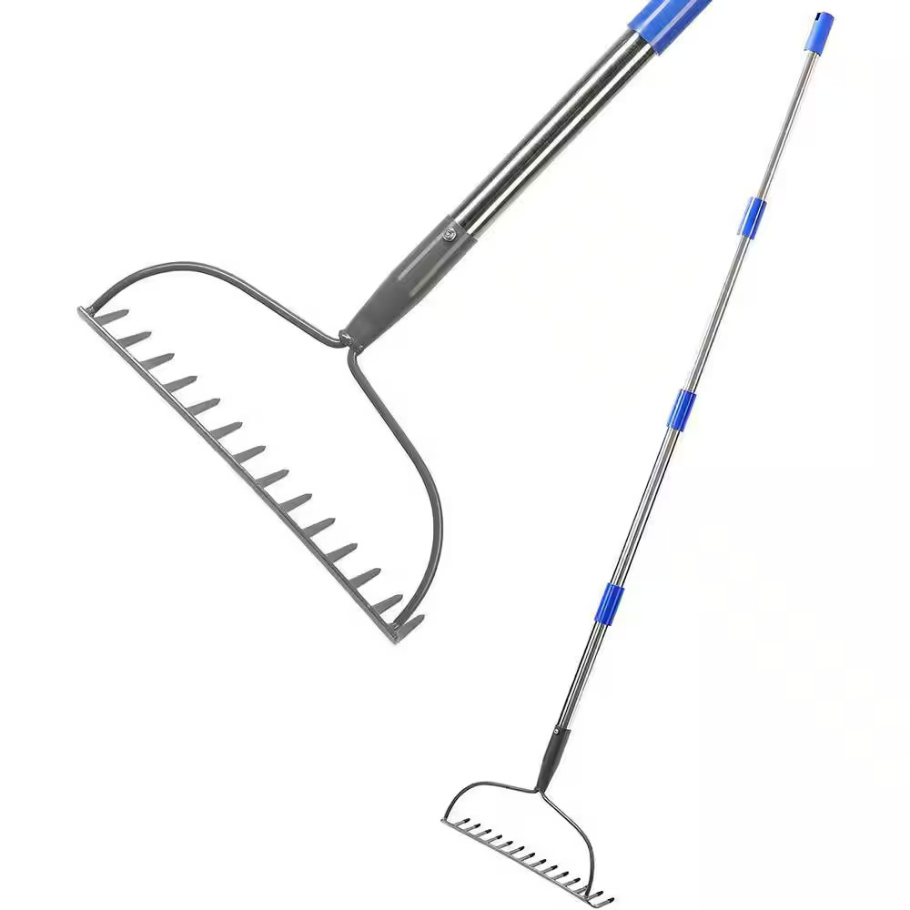 60 In. Heavy Duty Stainless Steel Handle 14-Tine Adjustable Thatch Rake