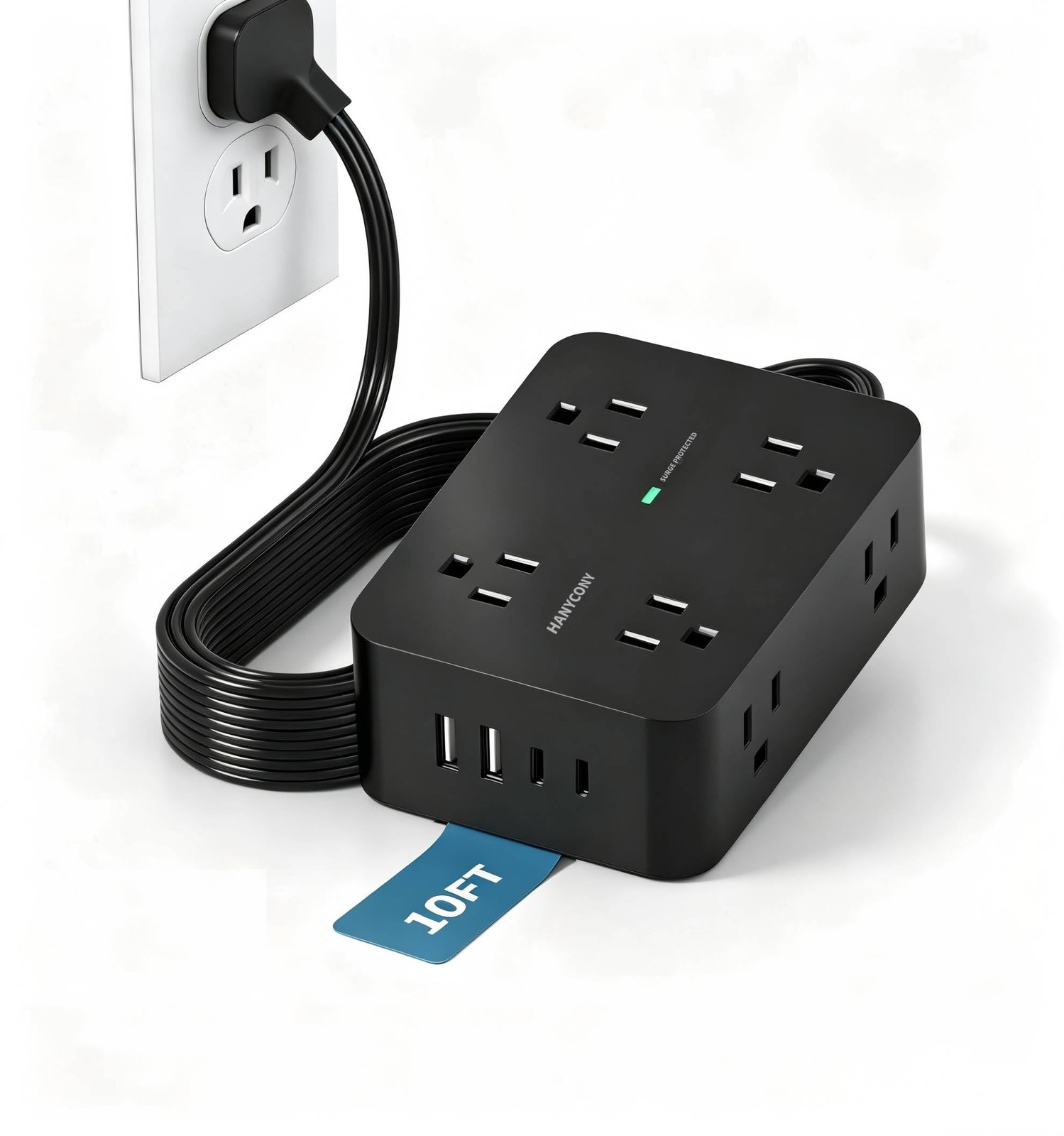 10 Ft Power Strip Flat Plug, Extension Cord Surge Protector with 8 Outlets an