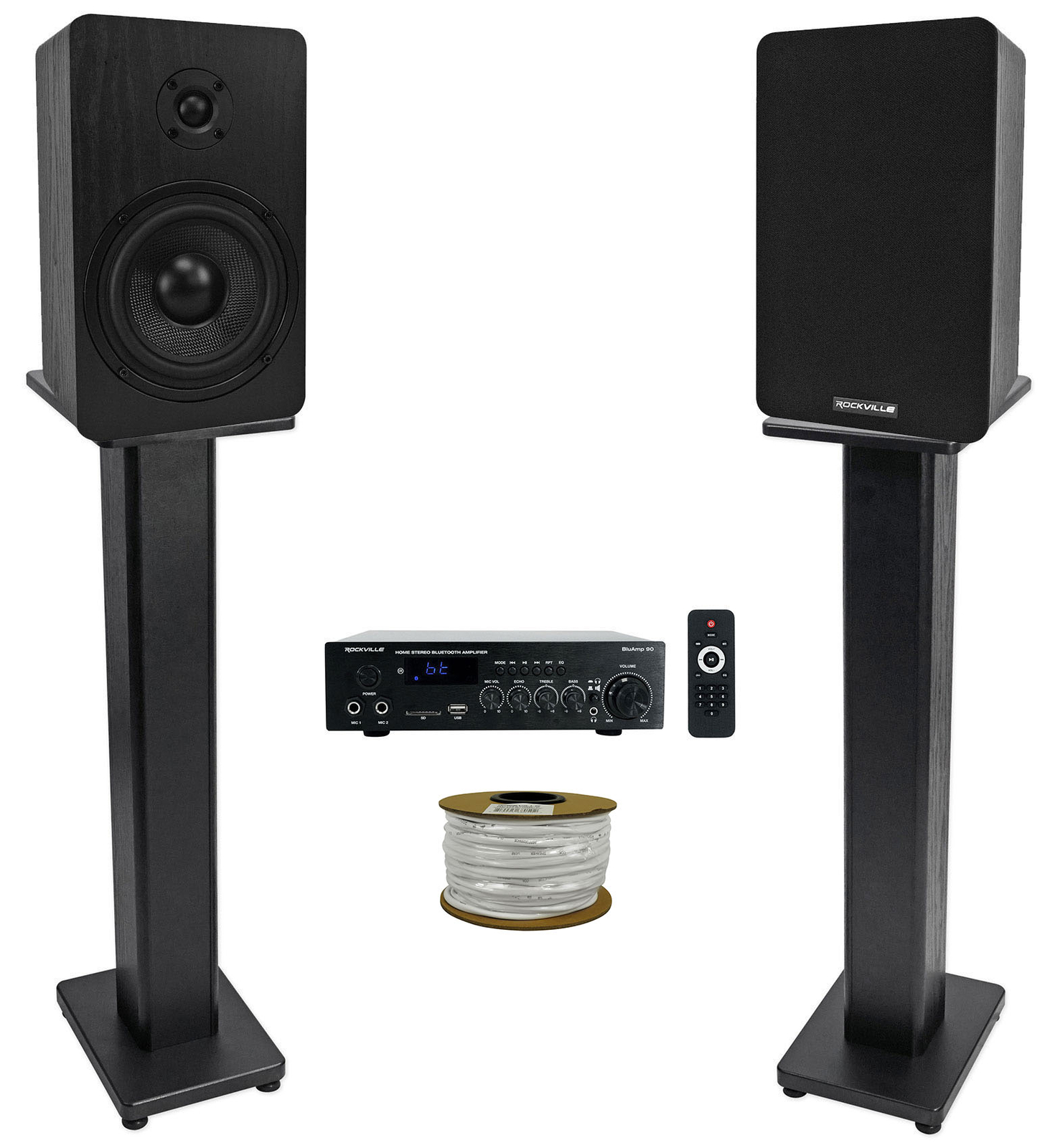 Rockville BLUAMP 90 Bluetooth Home Audio Receiver+2) 5.25" Black Speakers+Stands