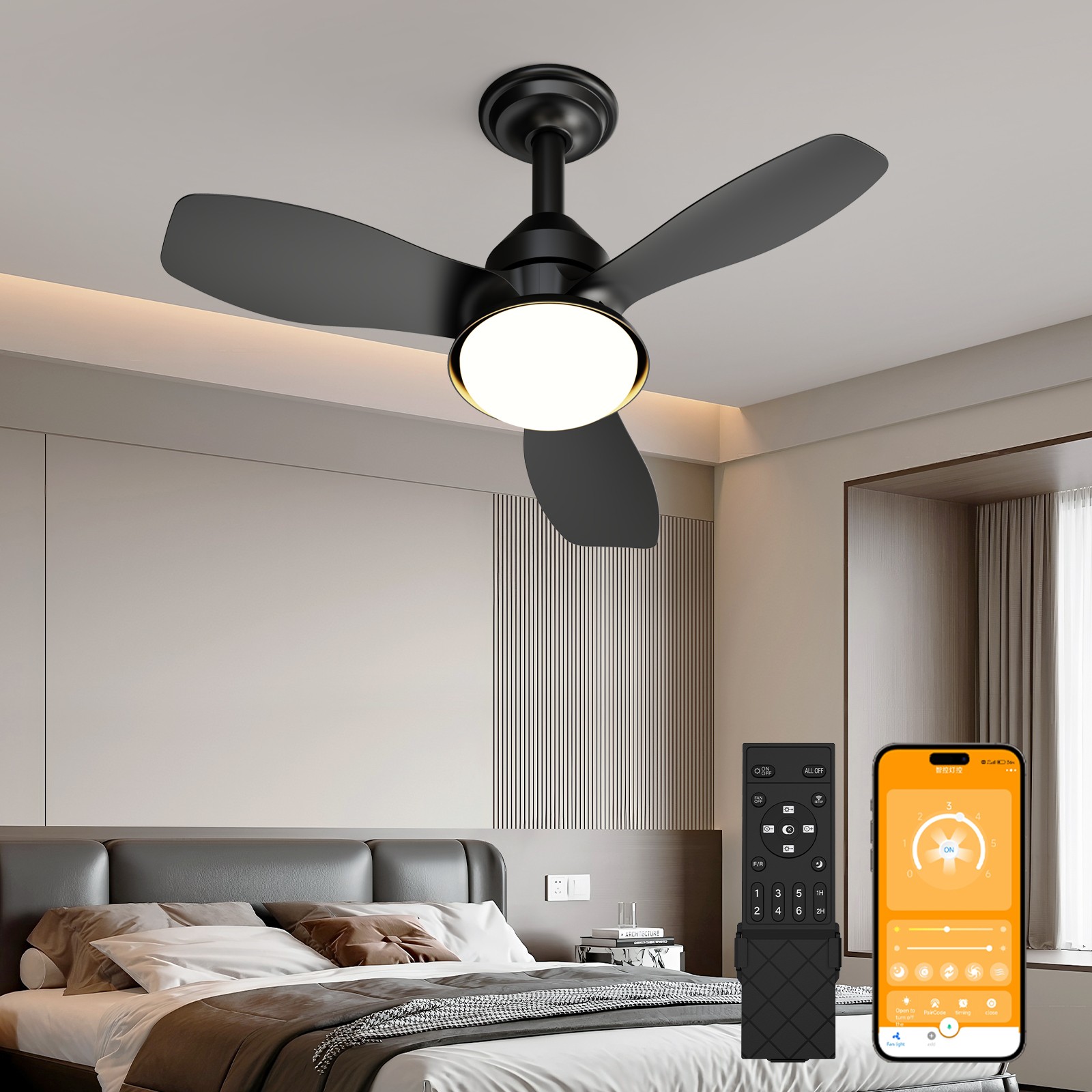 24.4" Black Ceiling Fan with Light, 3 Blades, 6-Speed, Dimmable LED