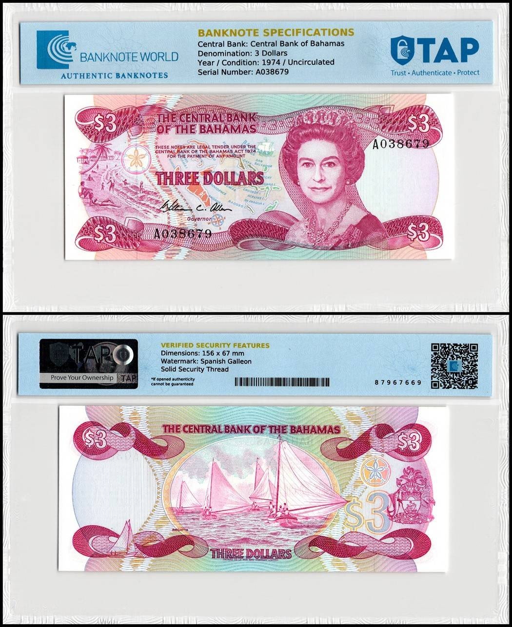Bahamas 3 Dollars, L.1974 (1984), P-44, UNC, TAP Authenticated