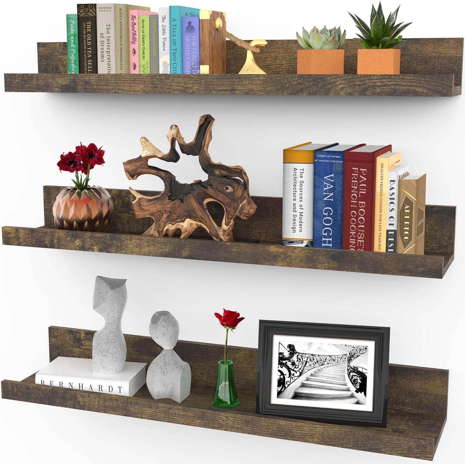 Icona Bay 24 Inch Floating Shelves for Wall, Set of 3 24", Walnut Brown