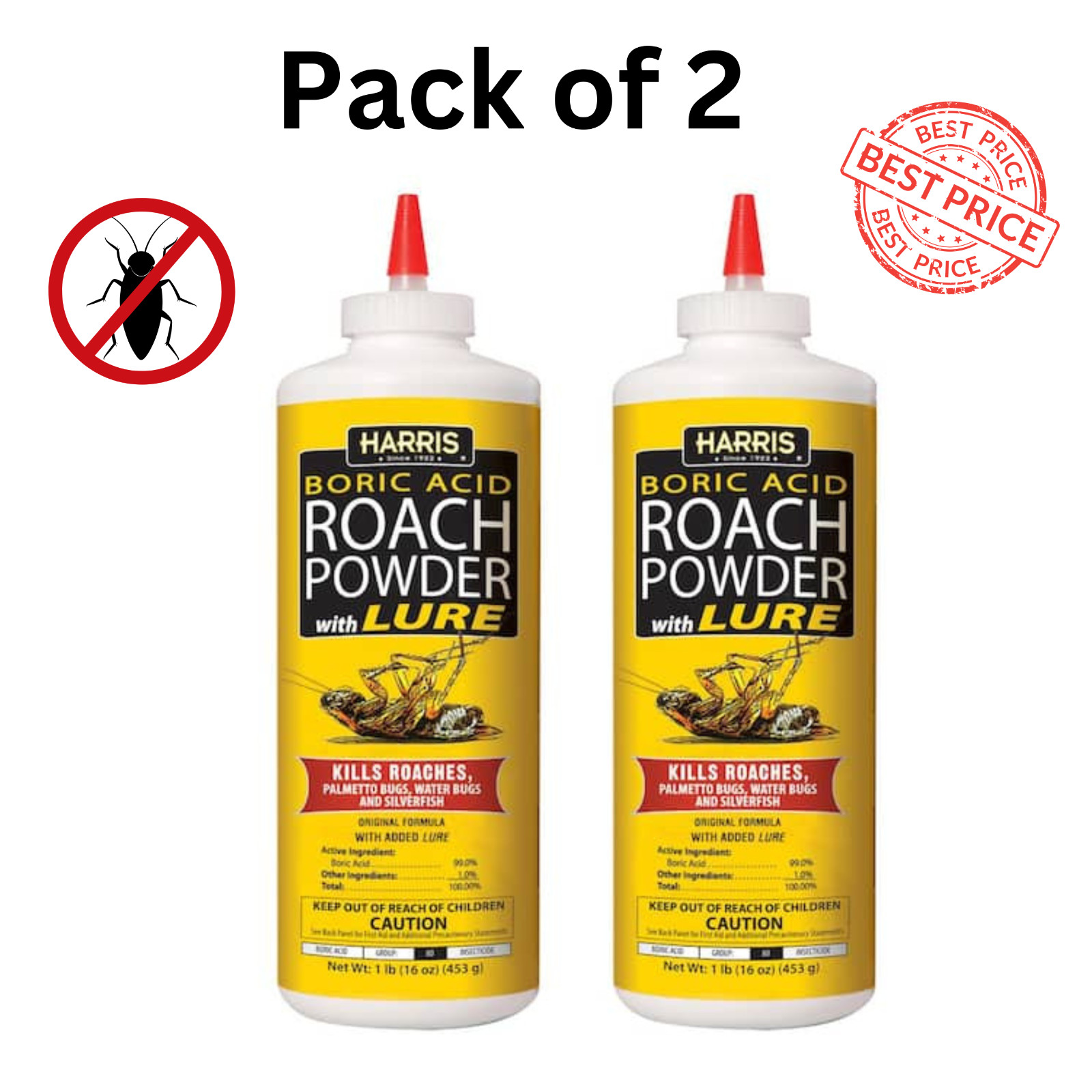 Harris Boric Acid Roach & Silverfish Killer Powder with Lure - 16 oz (Pack of 2)