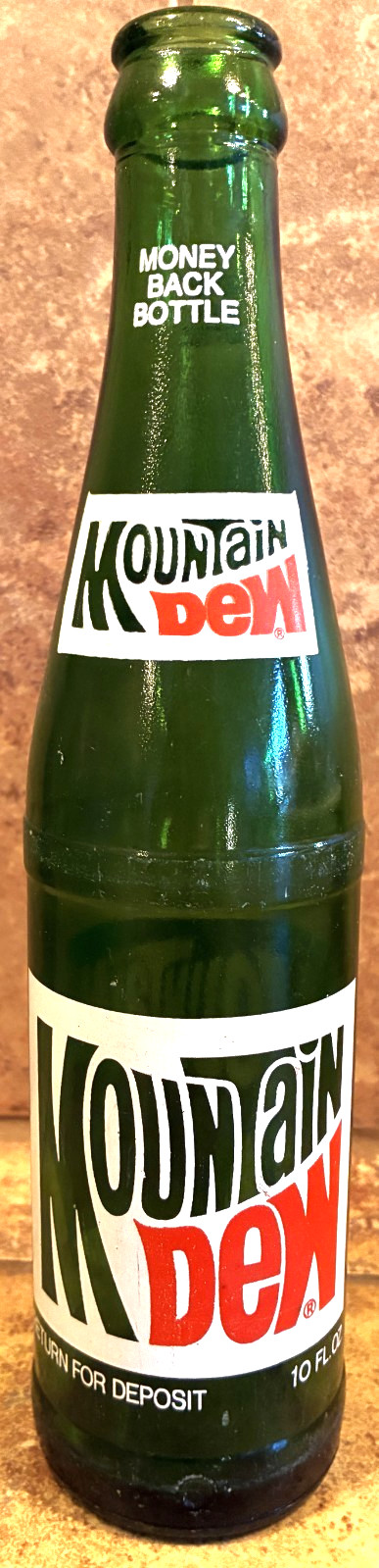 Mountain Dew 10 Oz ACL Green Soda Bottle 9.5" Tall Monney Back Rtn for Dep 1976