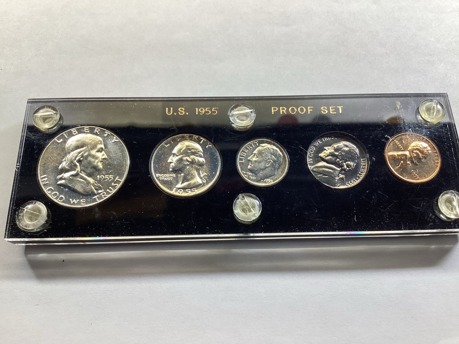1955 US Mint 90% Silver Proof 5 Coin Set in Vintage Capital Holder 010326 04 tie