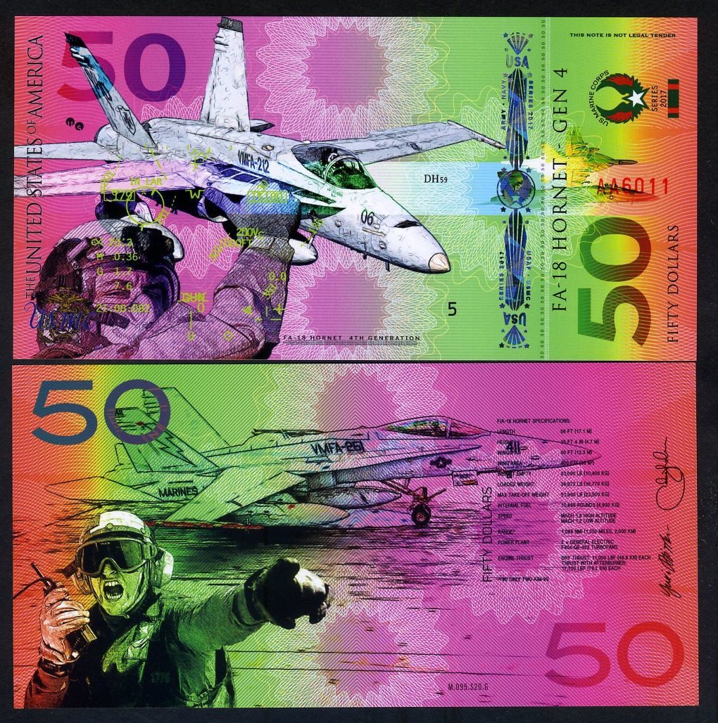 USA, $50, Private Issue Polymer Banknote, 2017, Fighter Jet F-18, Marine Corps F