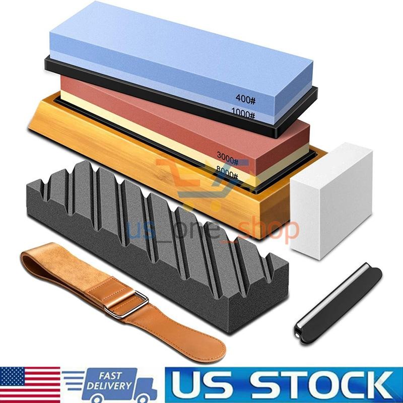 Knife Sharpening Stone Kit Dual Whetstone 400 1000 3000 8000 Grit Sharpener