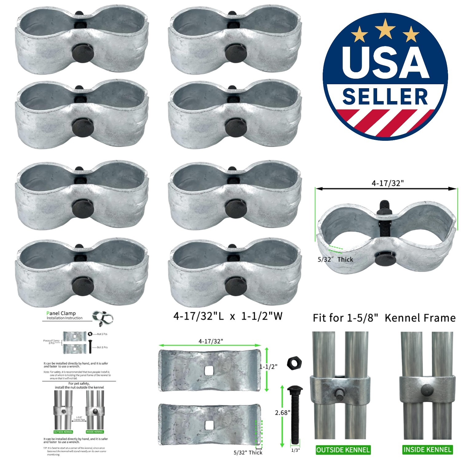 8 Set Alloy Steel Saddle Clamps for 1-5/8" Chain Link Fences & Dog Kennels
