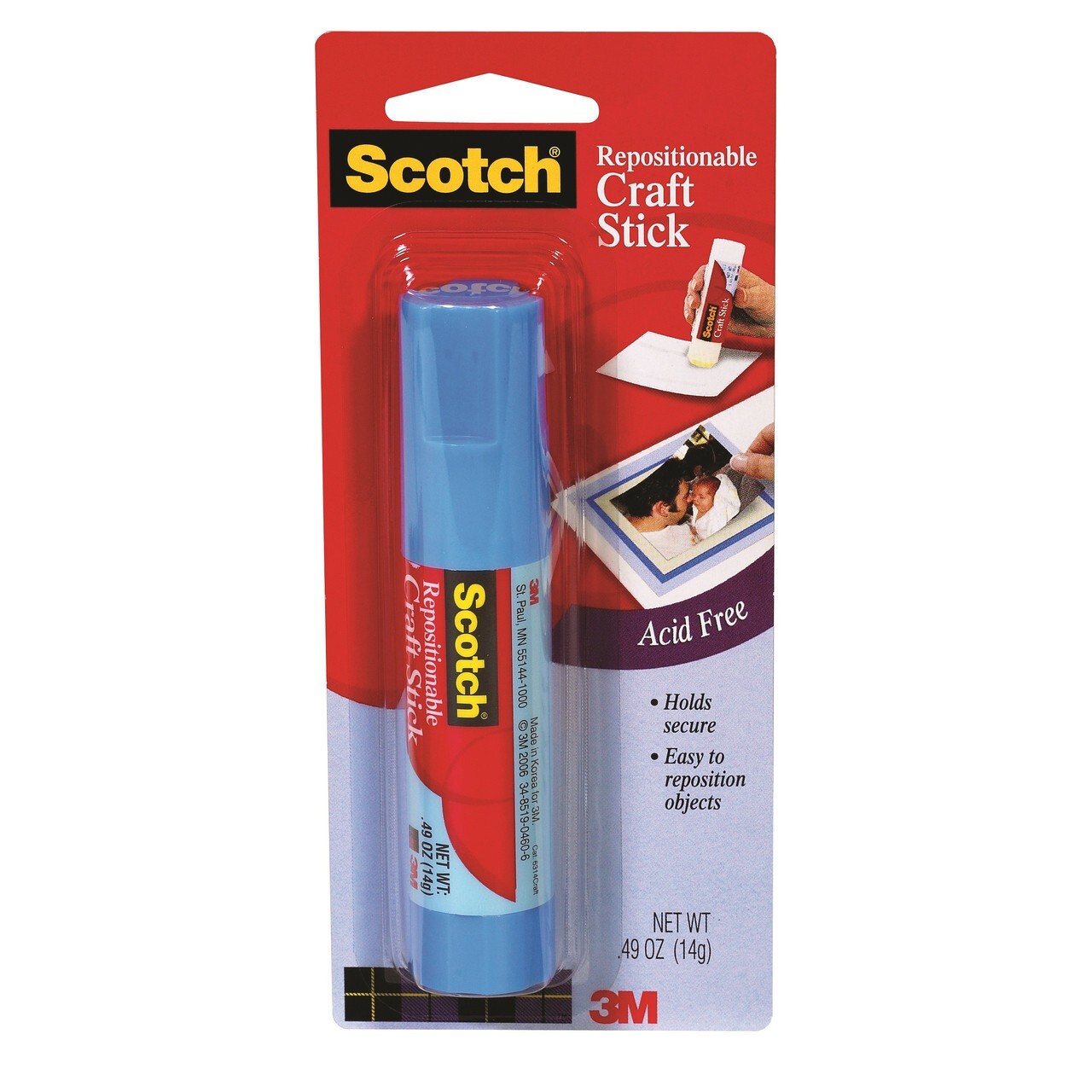 Scotch Repositionable Glue Stick 0.49oz Clear 1/Pk Office School Home Crafts