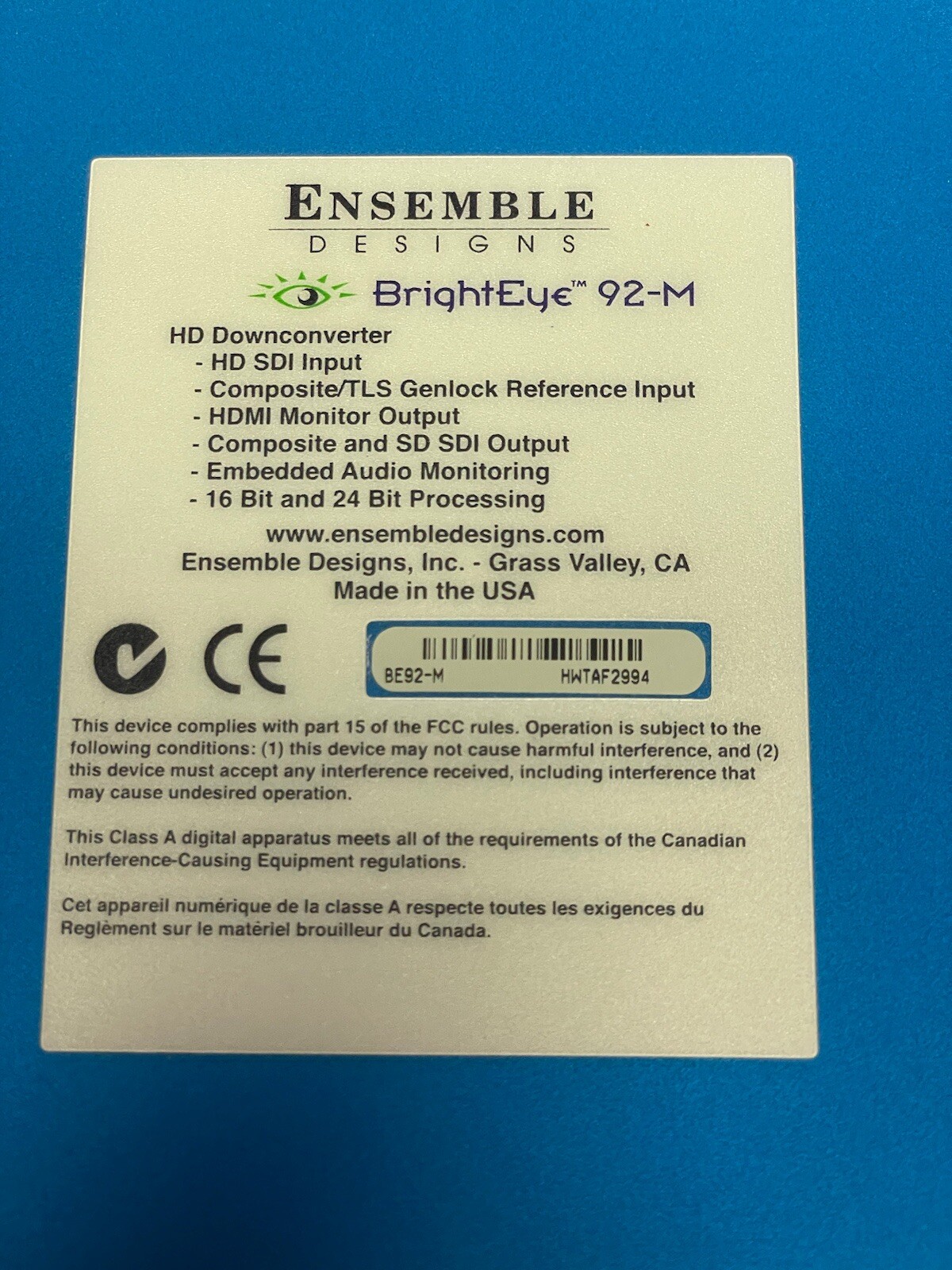 Ensemble Designs BrightEye 92-M HD Downconverter - Used