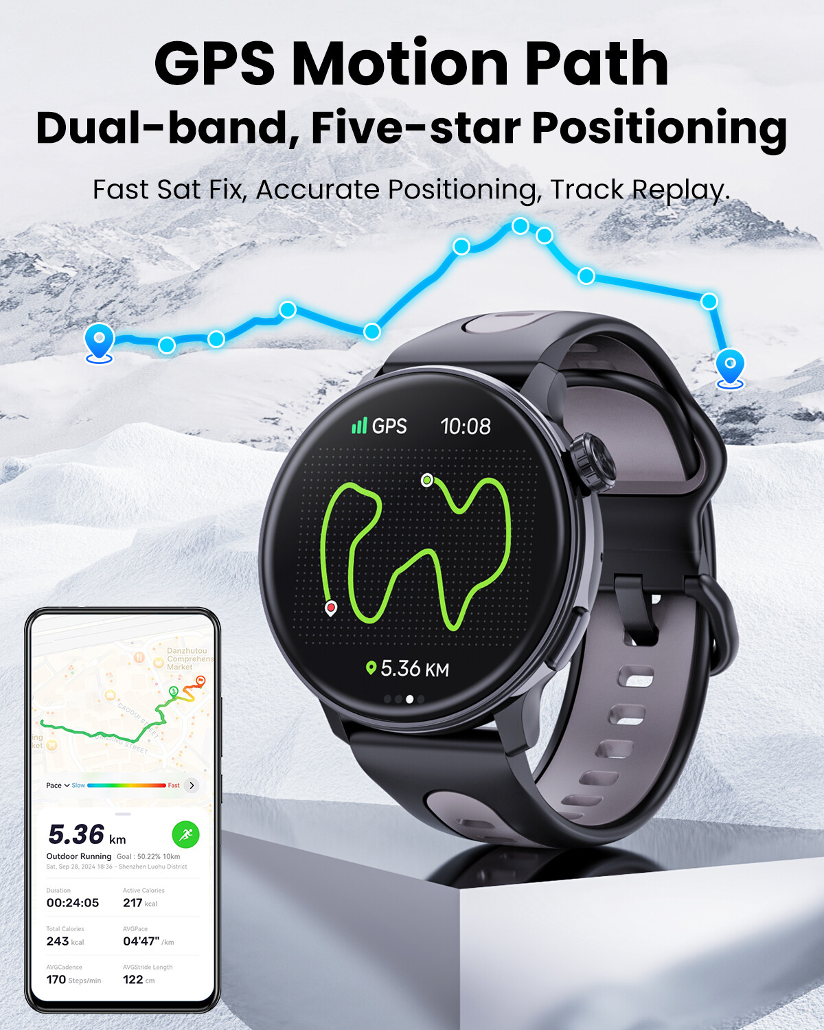 1.43" HD Smart Watch For Android iOS AMOLED Display 3ATM waterproof Compass GPS