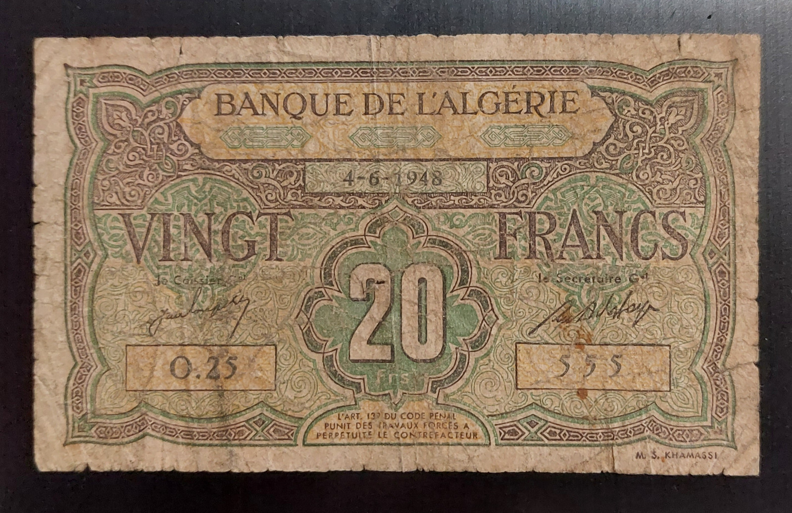 1948  Algeria Tunisia 20 Francs Note P-103 Money Old World Currency Banknote