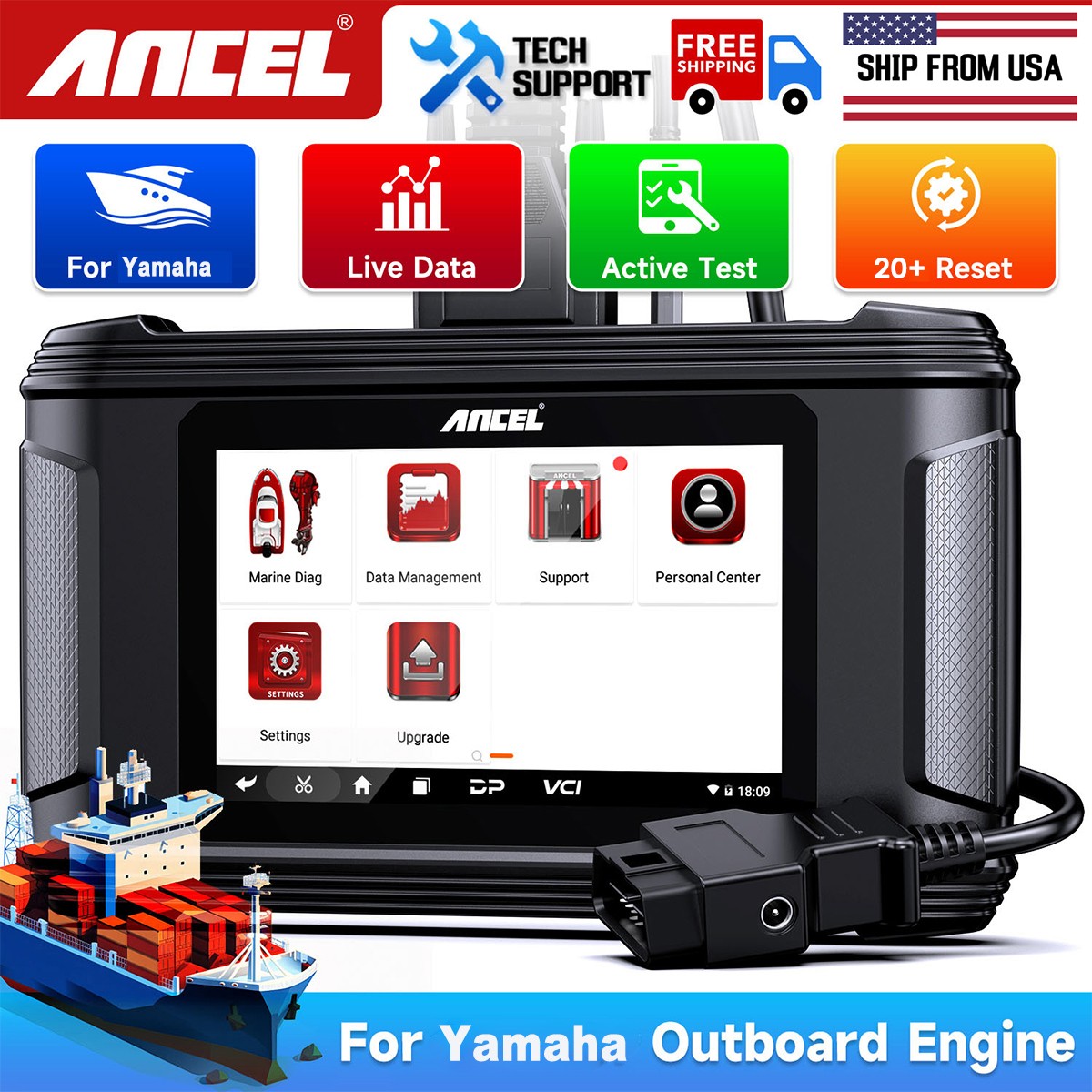 ANCEL MR500 For Yamaha Marine Diagnostic Tool Hours Live Data Fault Code Erase
