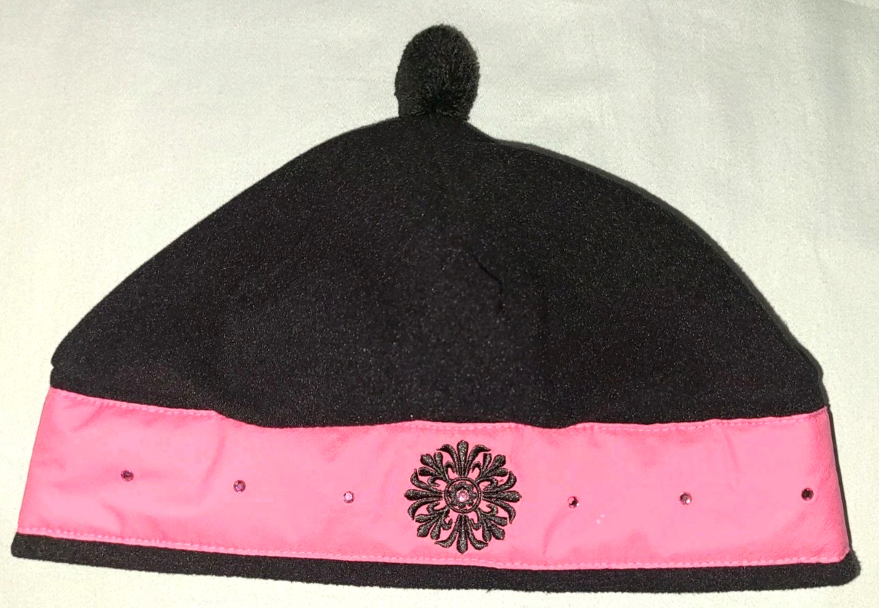 Nils Sportswear black fleece ski hat pink band embroidered snowflake rhinestones