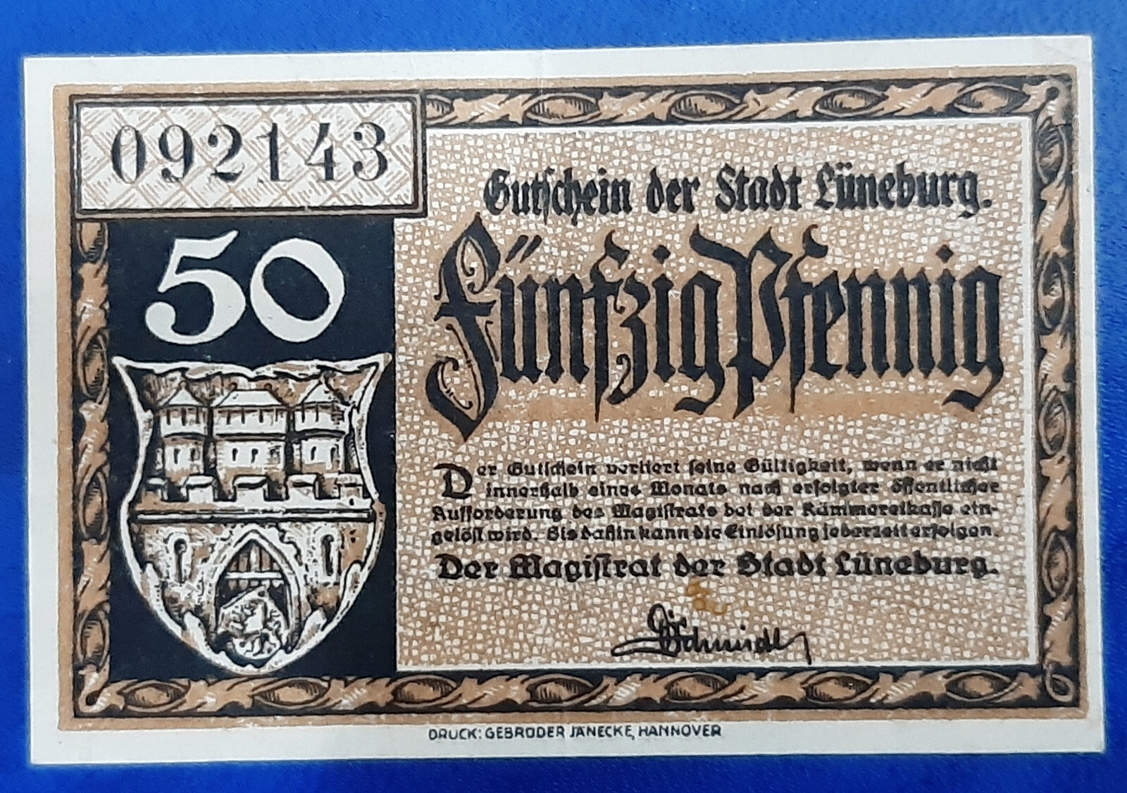 LÜNEBURG NOTGELD 50 PFENNIG 1921 EMERGENCY MONEY GERMANY BANKNOTE (26267)