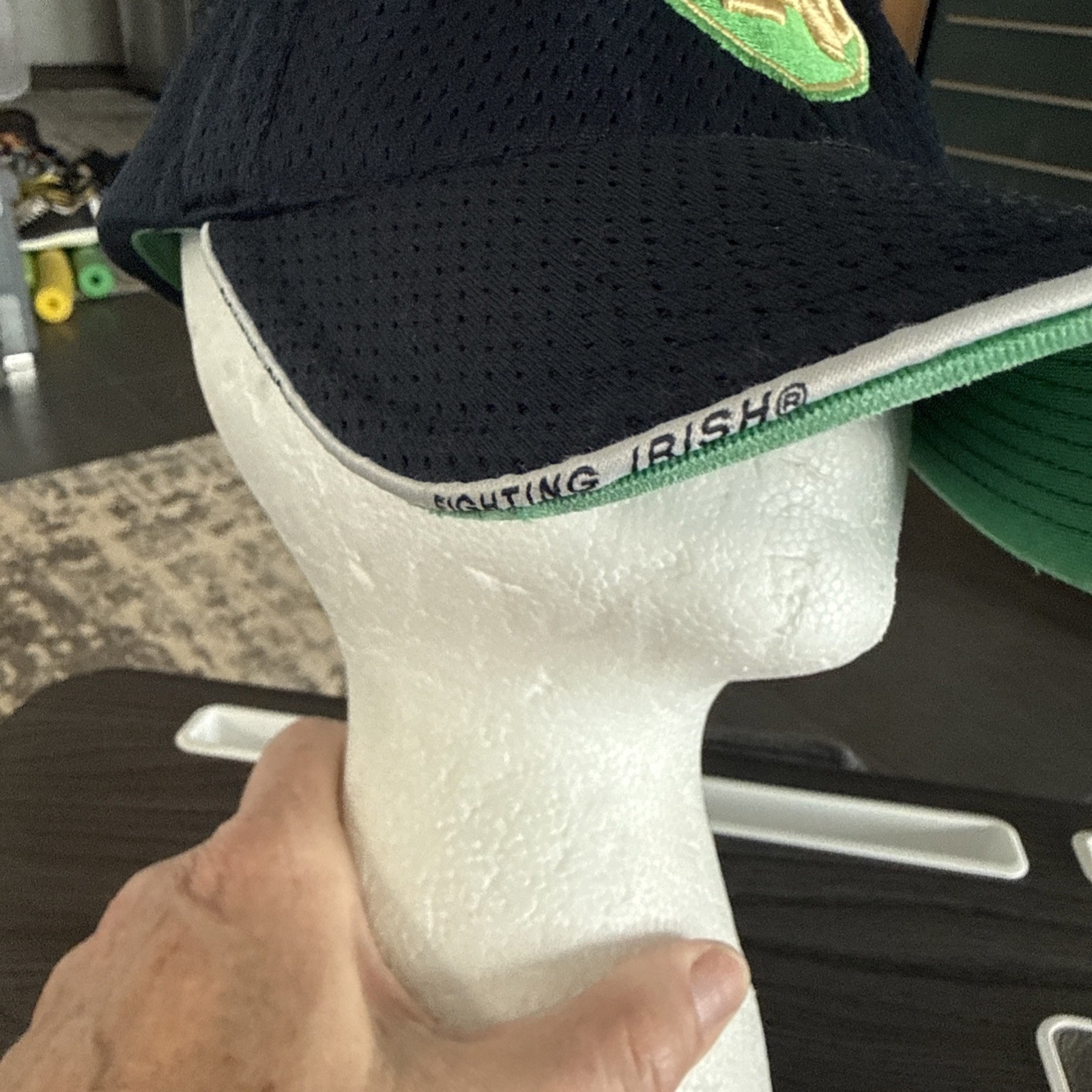 Notre Dame ND Gold Letters on Green Shield on Navy Adidas Hat Cap Hook Loop