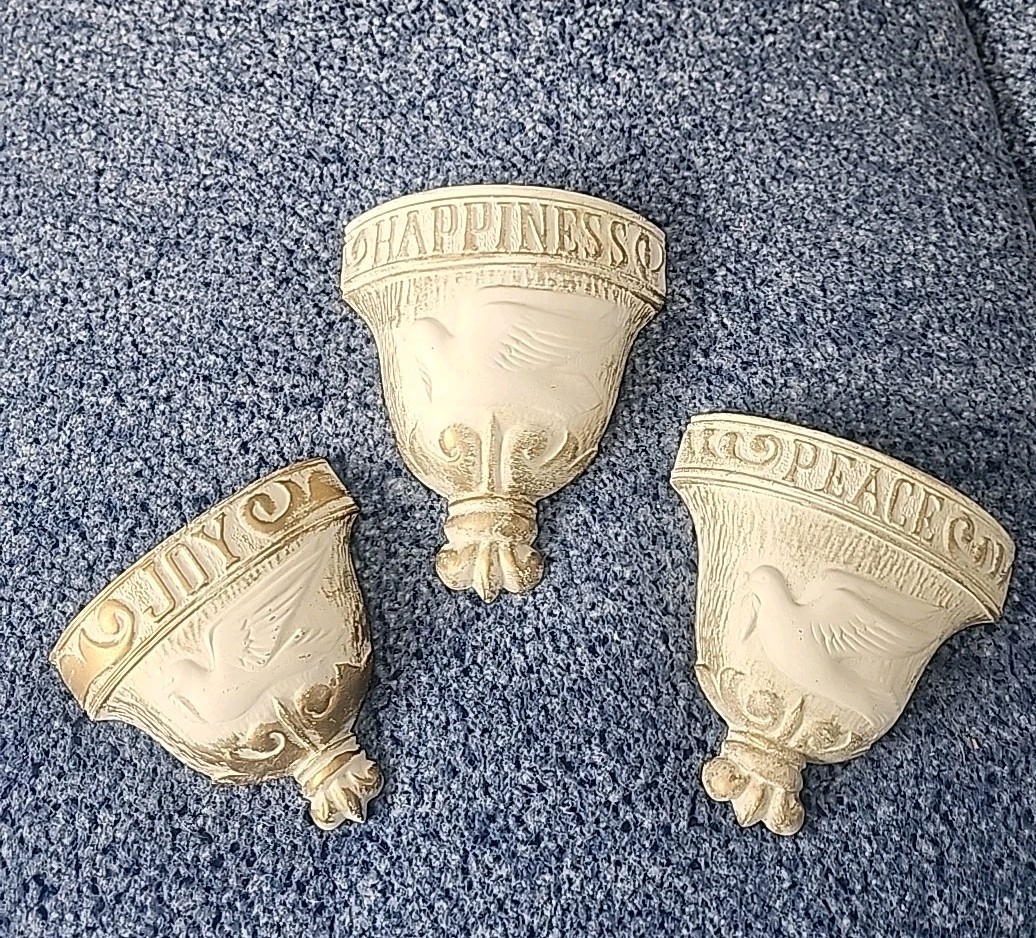 Vintage French Country Cream Gold Cast Metal Wall Pockets Planters Decor