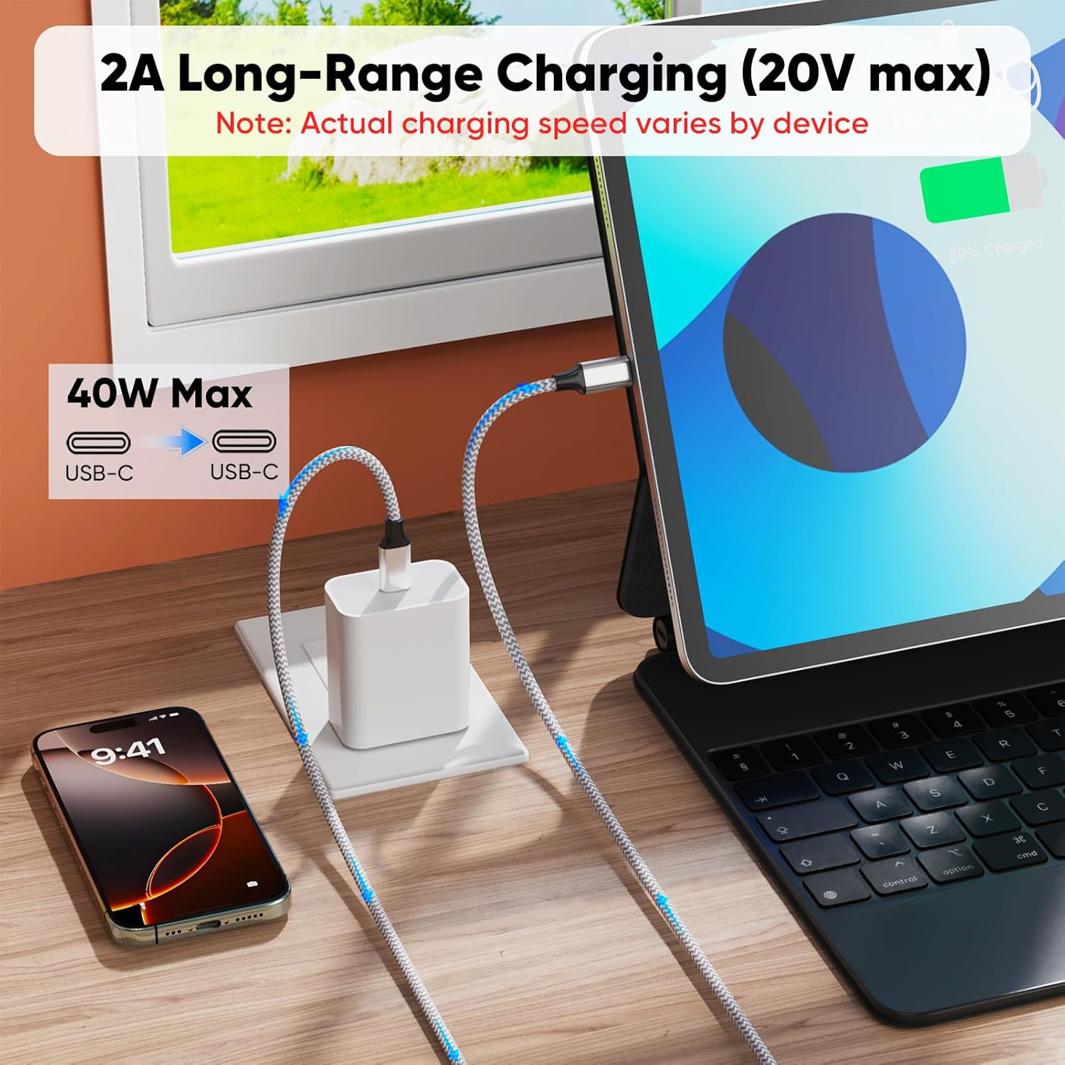 25 ft USB C Cable Extra Long 40W Fast Charging Type C Cord, USBC 2.0 to USB-C Fa