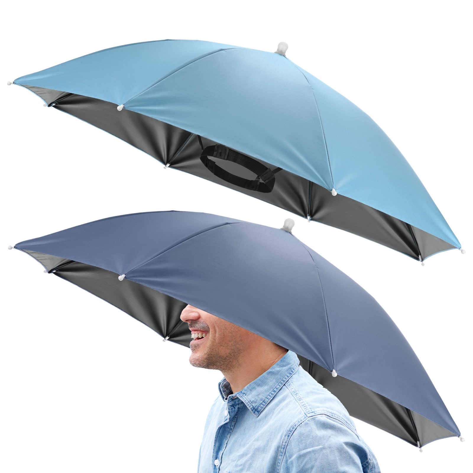 2 Pcs 26" Headband Umbrella Hat Umbrella Cap for Outdoor [Sky Blue+Misty Blue]