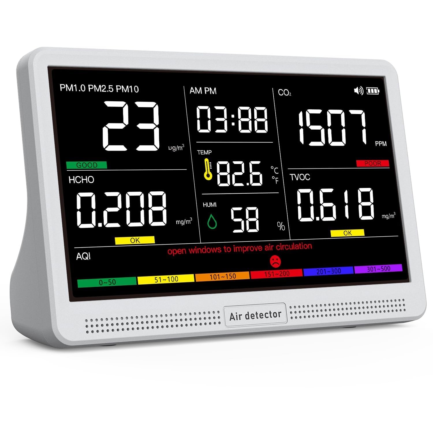 16 in 1 Air Quality Monitor Indoor 7" Large Display 9 AQI+7 Alerts, CO2 Monit...