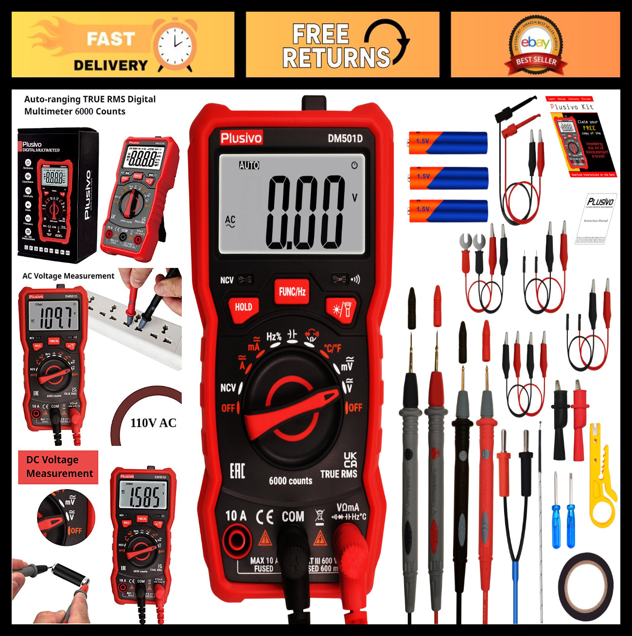 6000 Counts Digital Multimeter, Auto Ranging TRMS AC DC Volt Meter, Ohm Tester,